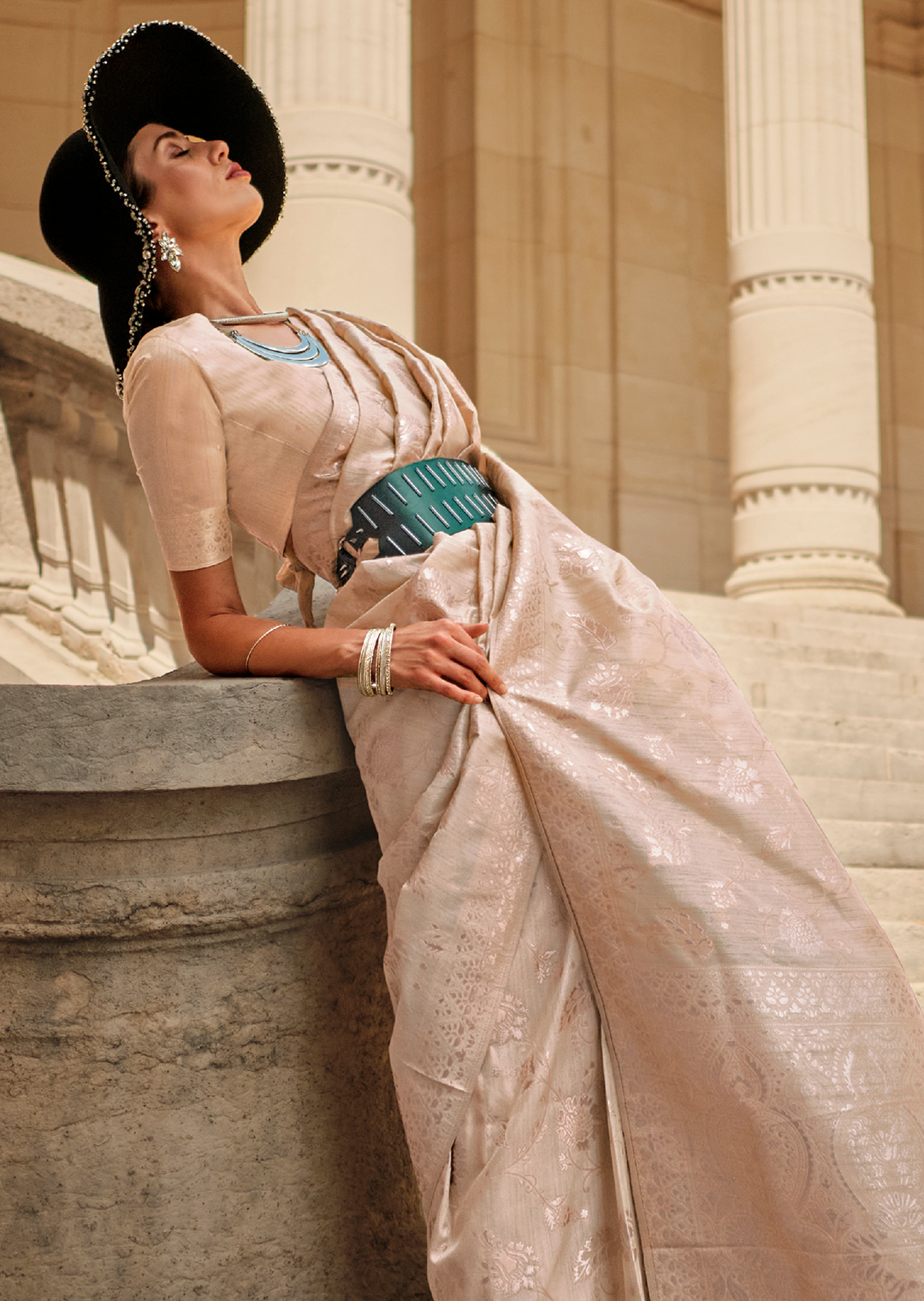 Champaign White	Gota Woven Pure Handloom Silk Saree