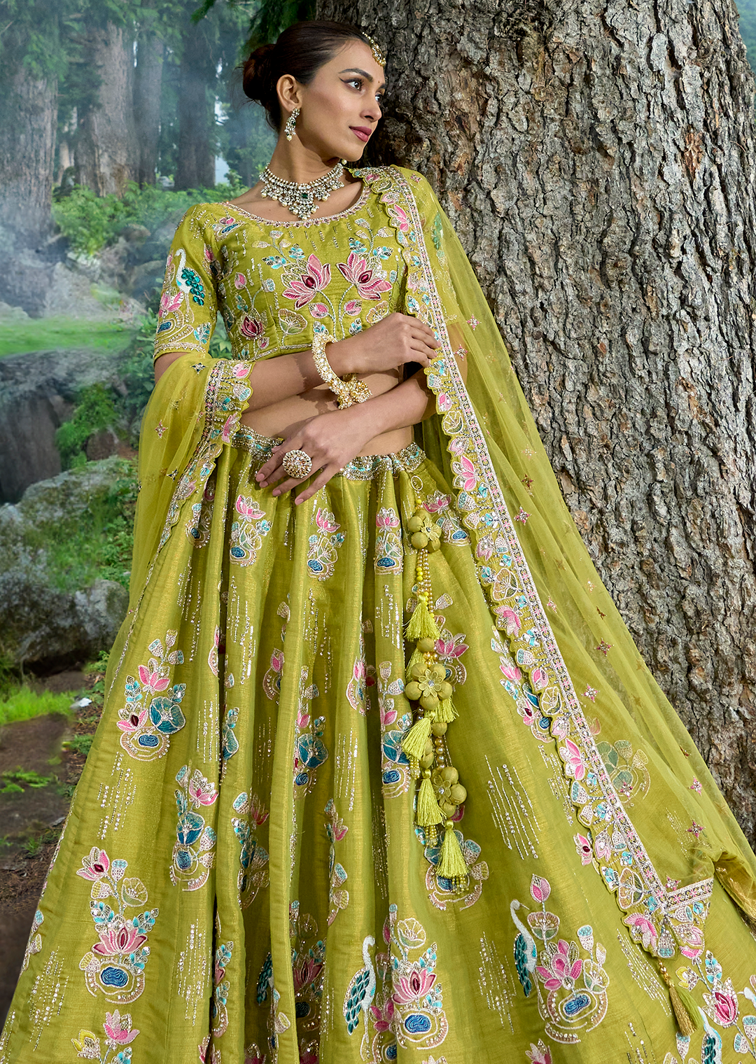 Pear Green Hand Worked Premium Designer Silk Lehenga