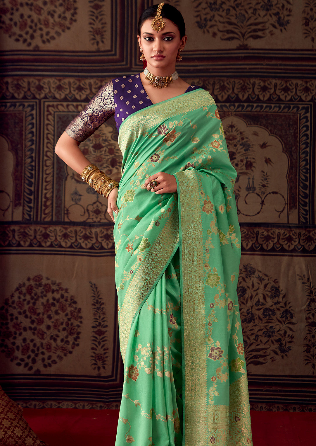 MINT GREEN MEENAKARI WOVEN DESIGNER BANARASI SILK SAREE