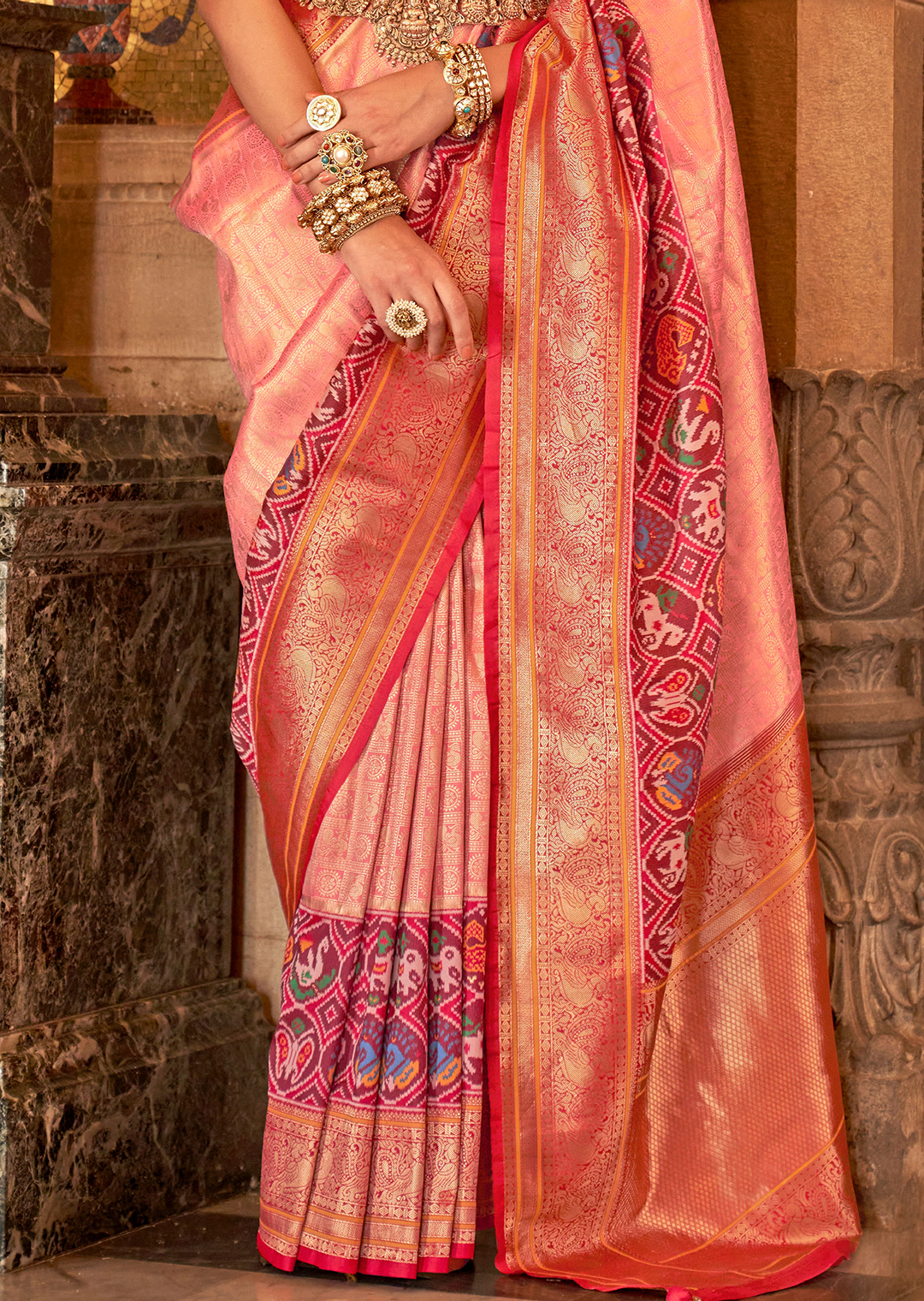 Crepe Pink & Red Woven Royal Patola Kanjivaram Silk Saree