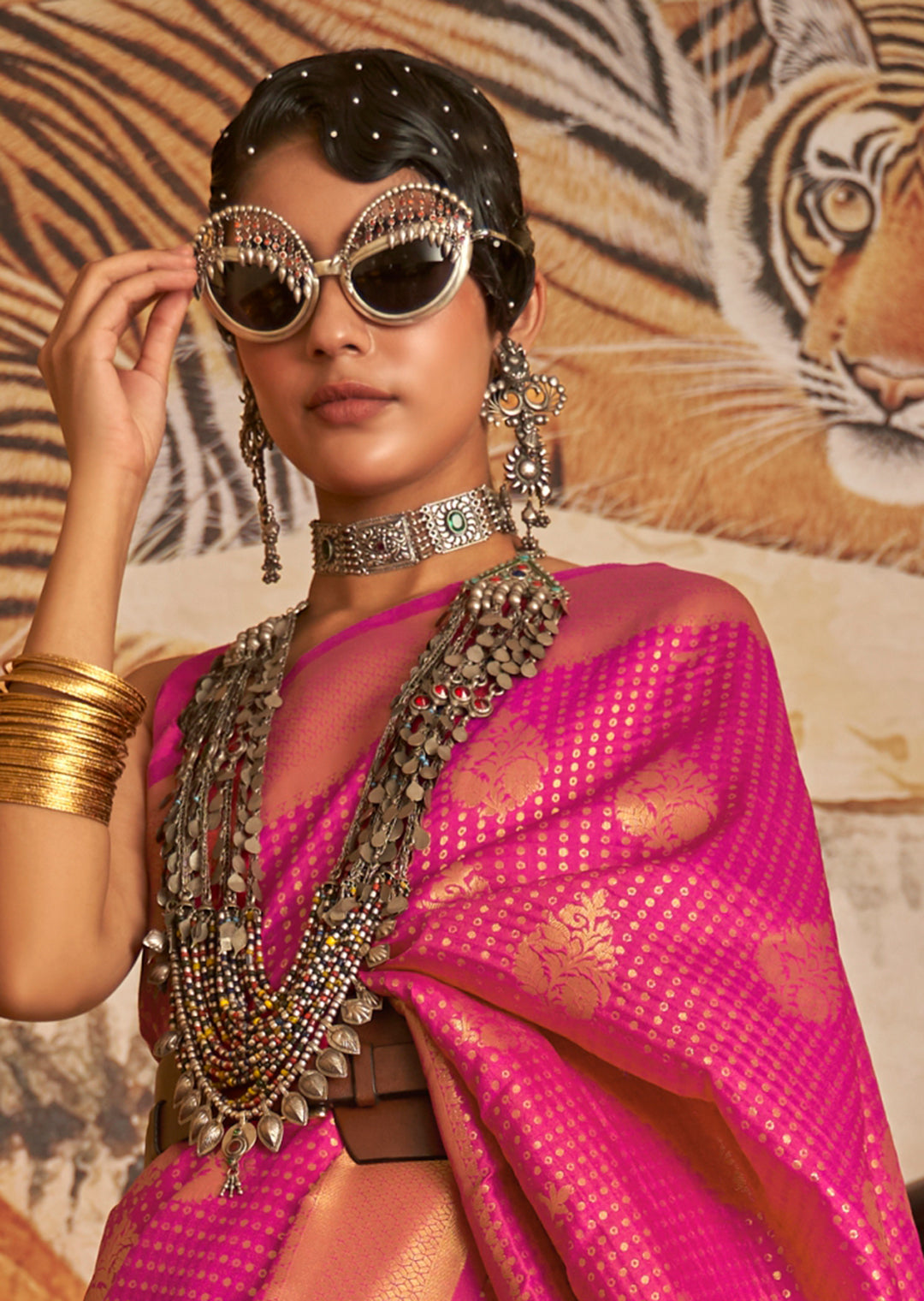 Magenta Pink Zari Woven Two Tone Chinon Kanjivaram Silk Saree