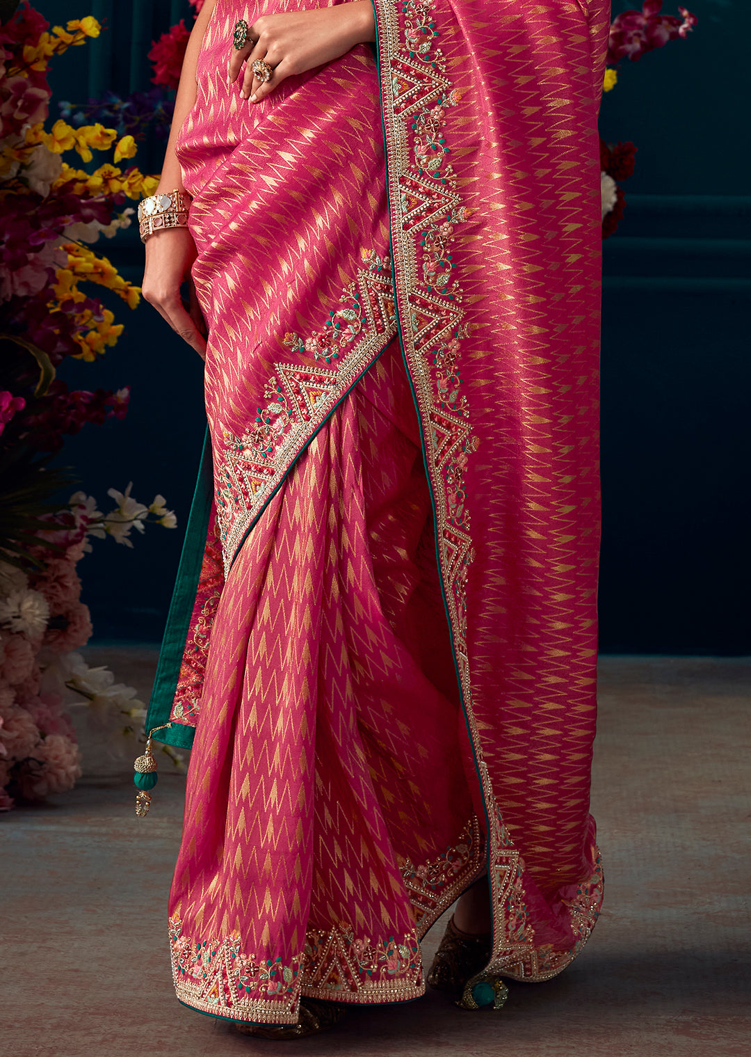 WATERMELON RED HEAVY EMBROIDERED BROCADE DESIGNER KANJIVARAM SILK SAREE