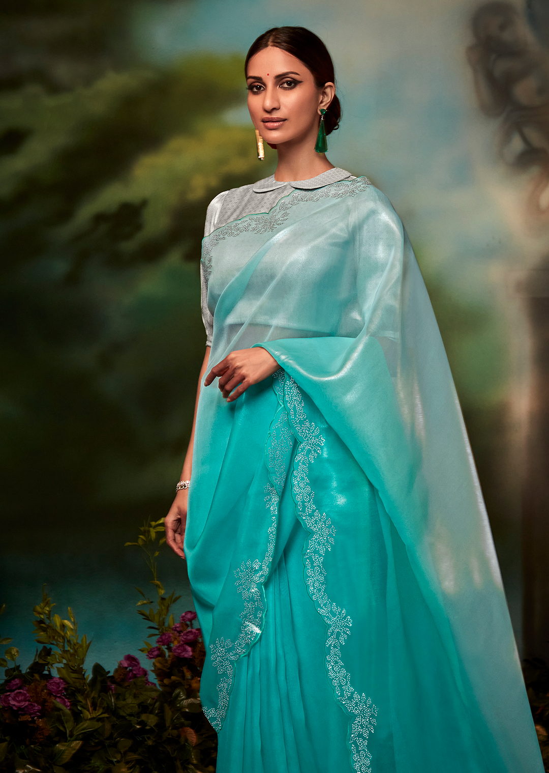 TURQUOISE BLUE PURE TISSUE SILK SWAROVSKI DESIGNER SAREE