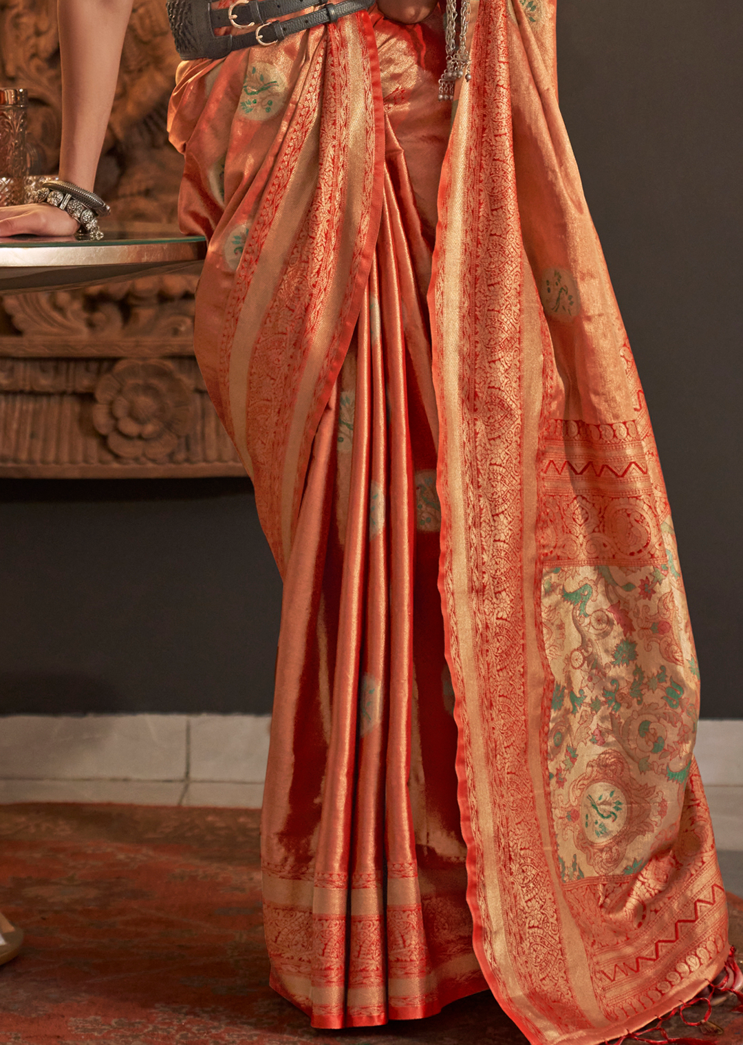 Golden Orange Zari Woven Pure Handloom Kanjivaram Silk Saree