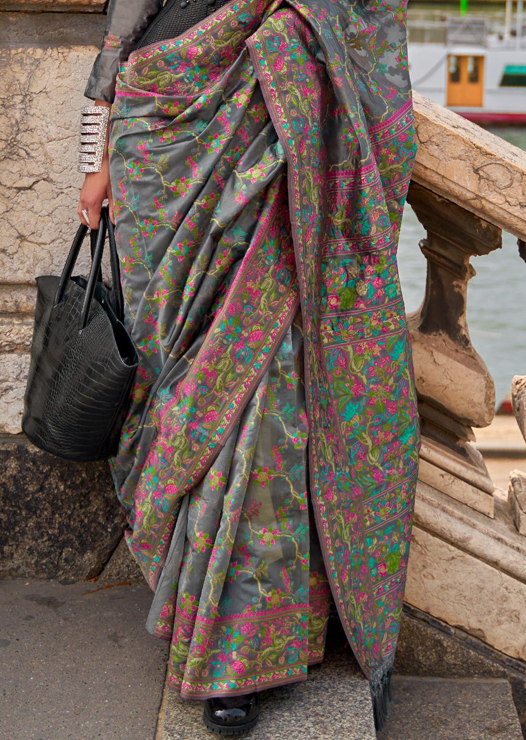 Grey Woven Pure Handloom Parsi Organza Silk Saree