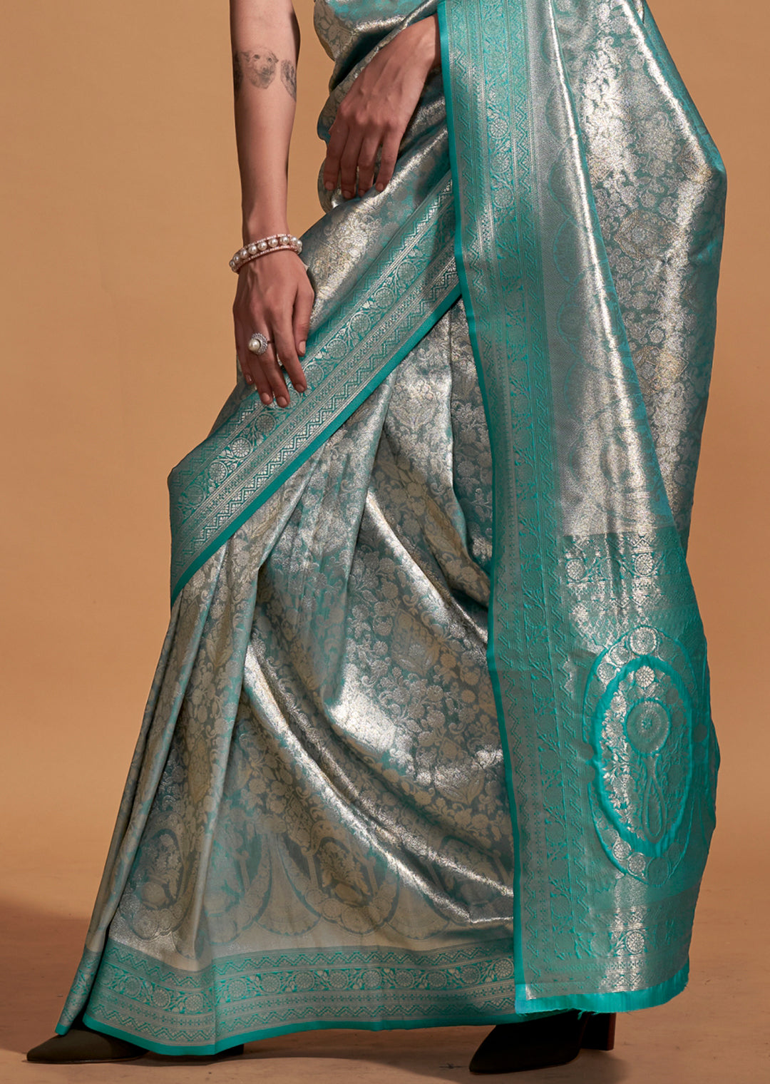 Turquoise Blue Zari Woven Pure Handloom Kanjivaram Silk Saree