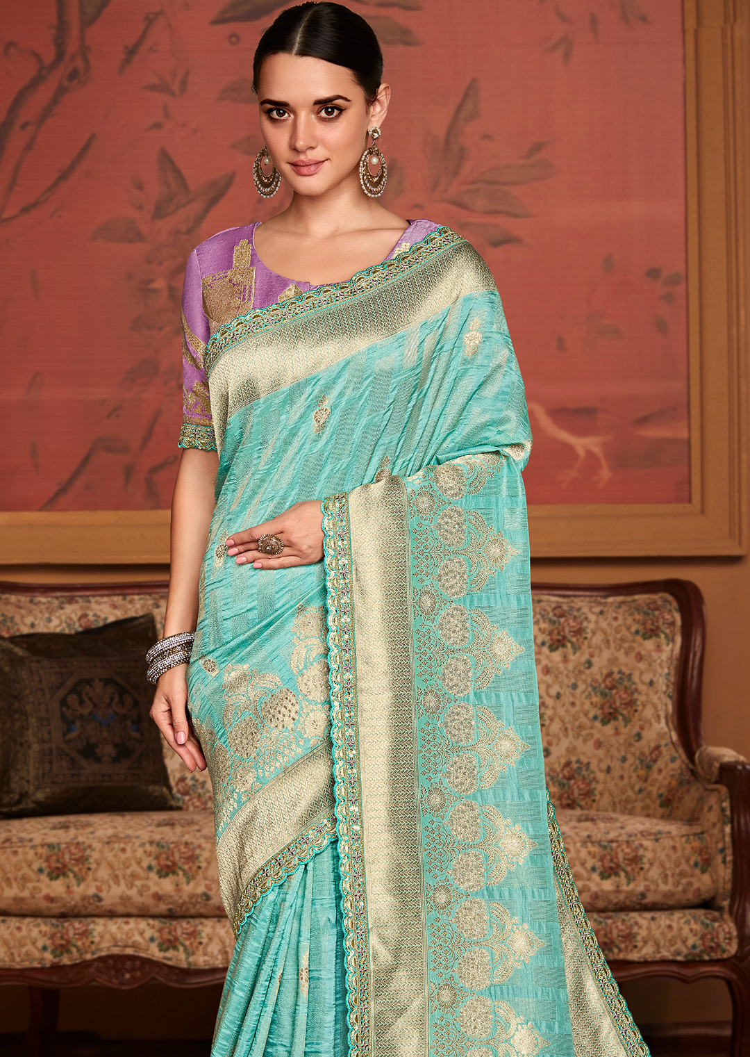 AQUA BLUE	PURE CREPE SILK DESIGNER BANARASI SAREE