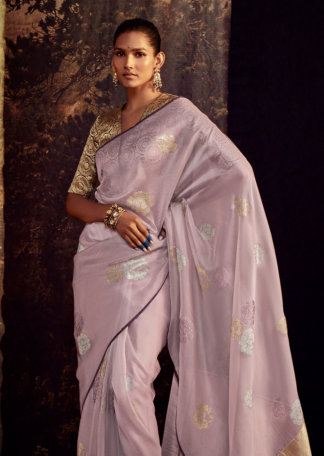 LILAC PURPLE PURE TISSUE SILK DESIGNER SAREE