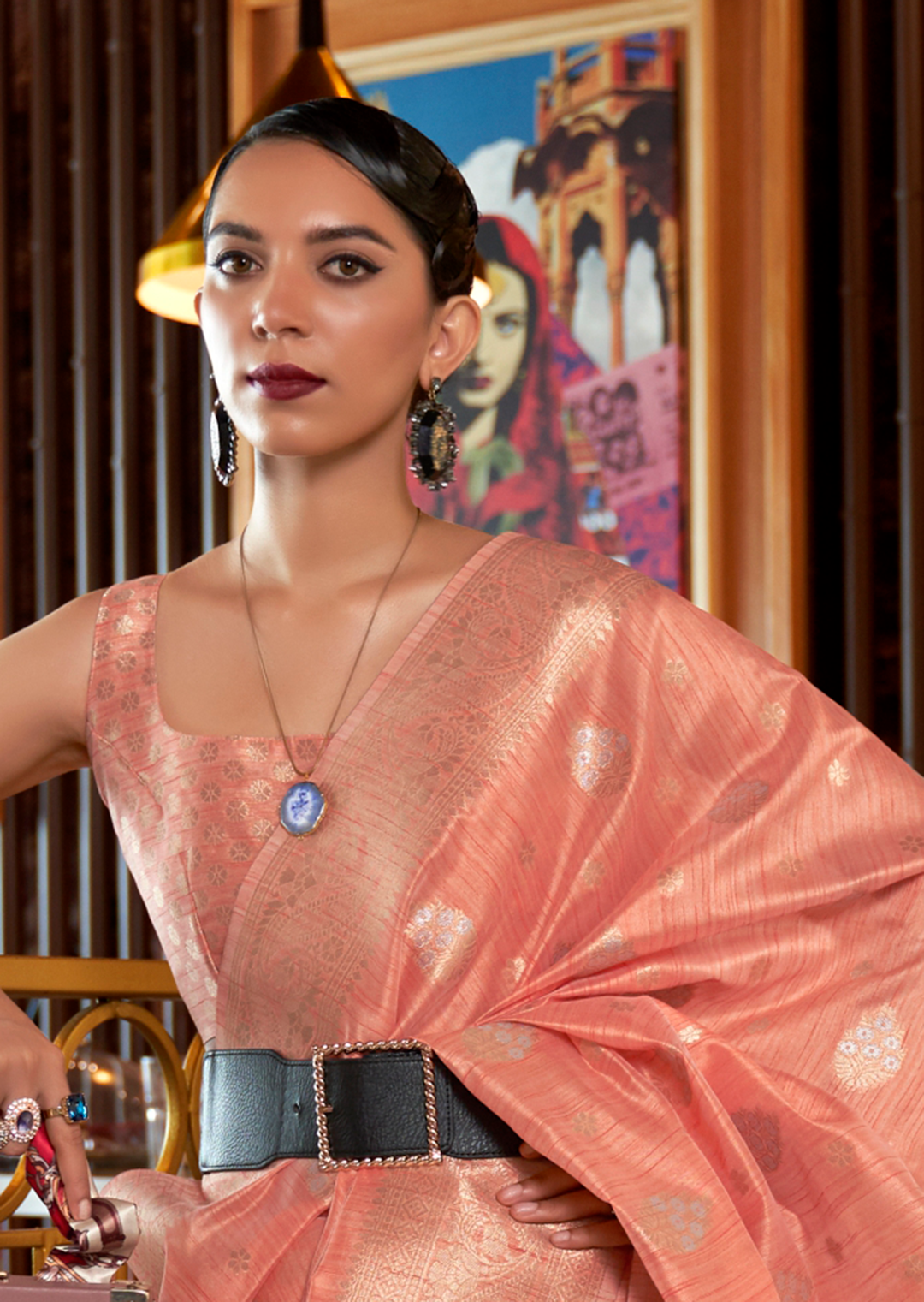 Peach Woven Pure Handloom Tussar Silk Saree