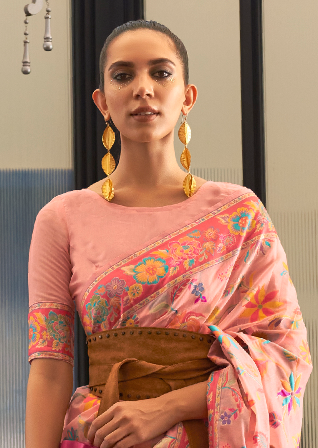 Deep Peach Woven Pure Handloom Kashmiri Jamewar Silk Saree