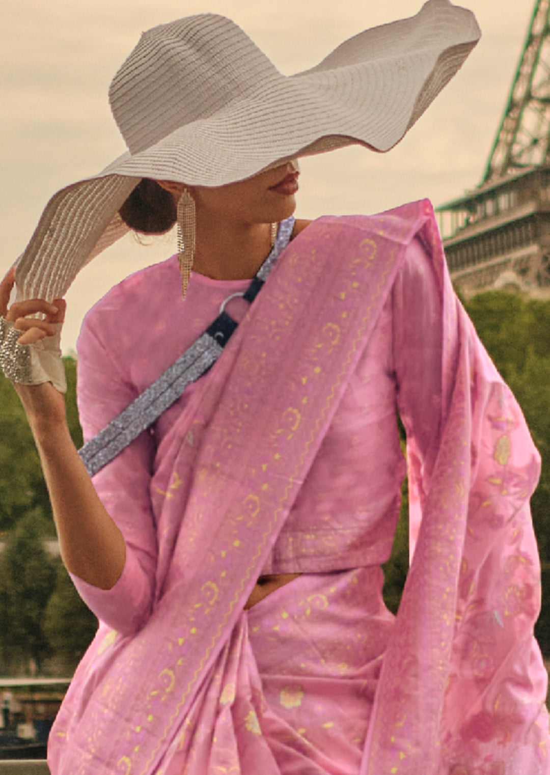 Lavender Pink Woven Pure Handloom Kashmiri Organza Silk Saree
