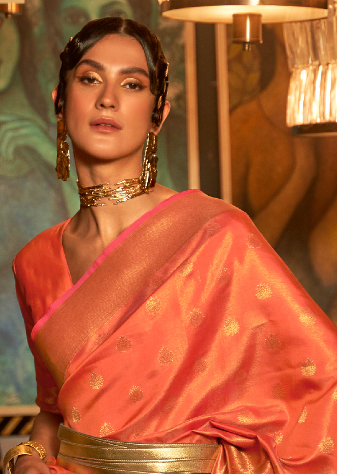 Golden Orange Zari Woven Pure Handloom Kanjivaram Silk Saree