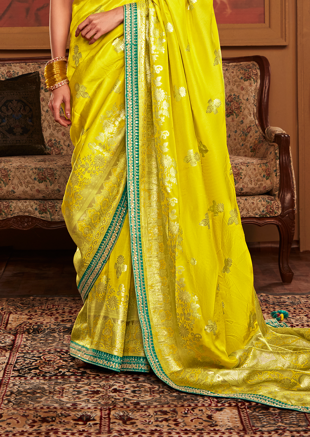 LEMON YELLOW  PURE CREPE SILK DESIGNER BANARASI SAREE