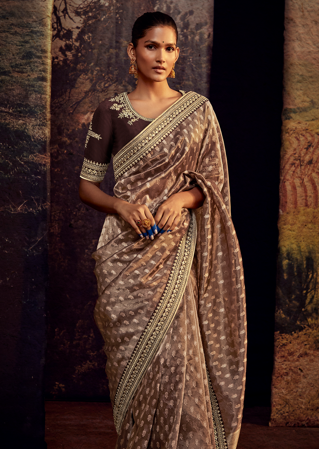 CHOCO BROWN PURE TISSUE SILK DESIGNER SAREE