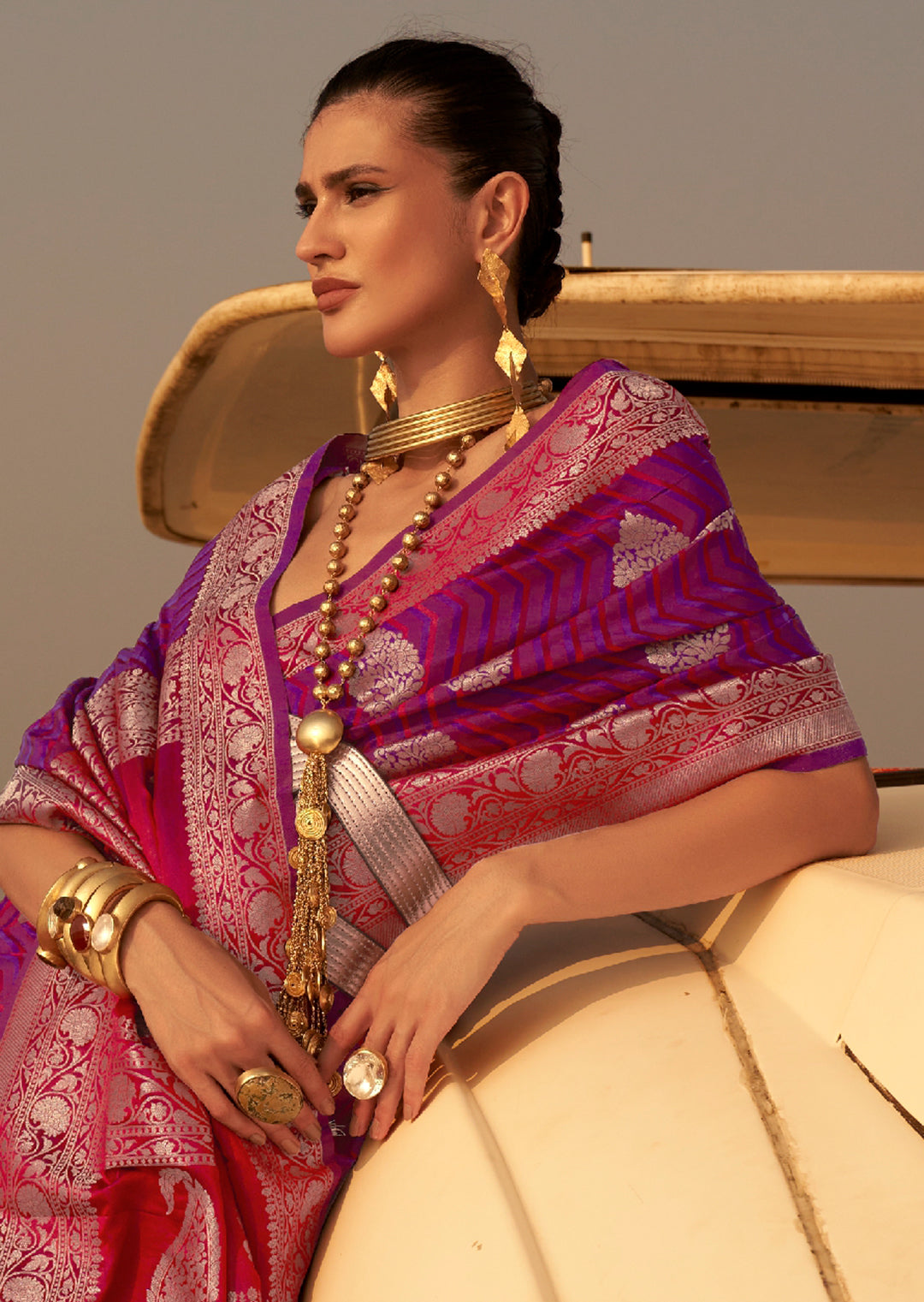 Purple Zari Woven Handloom Pure Banarasi Satin Silk Saree