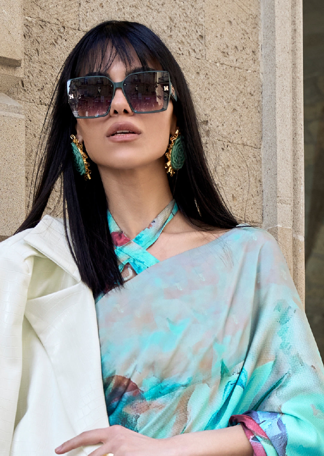 Cyan Blue Woven Digital Printed Satin Crepe Silk Saree