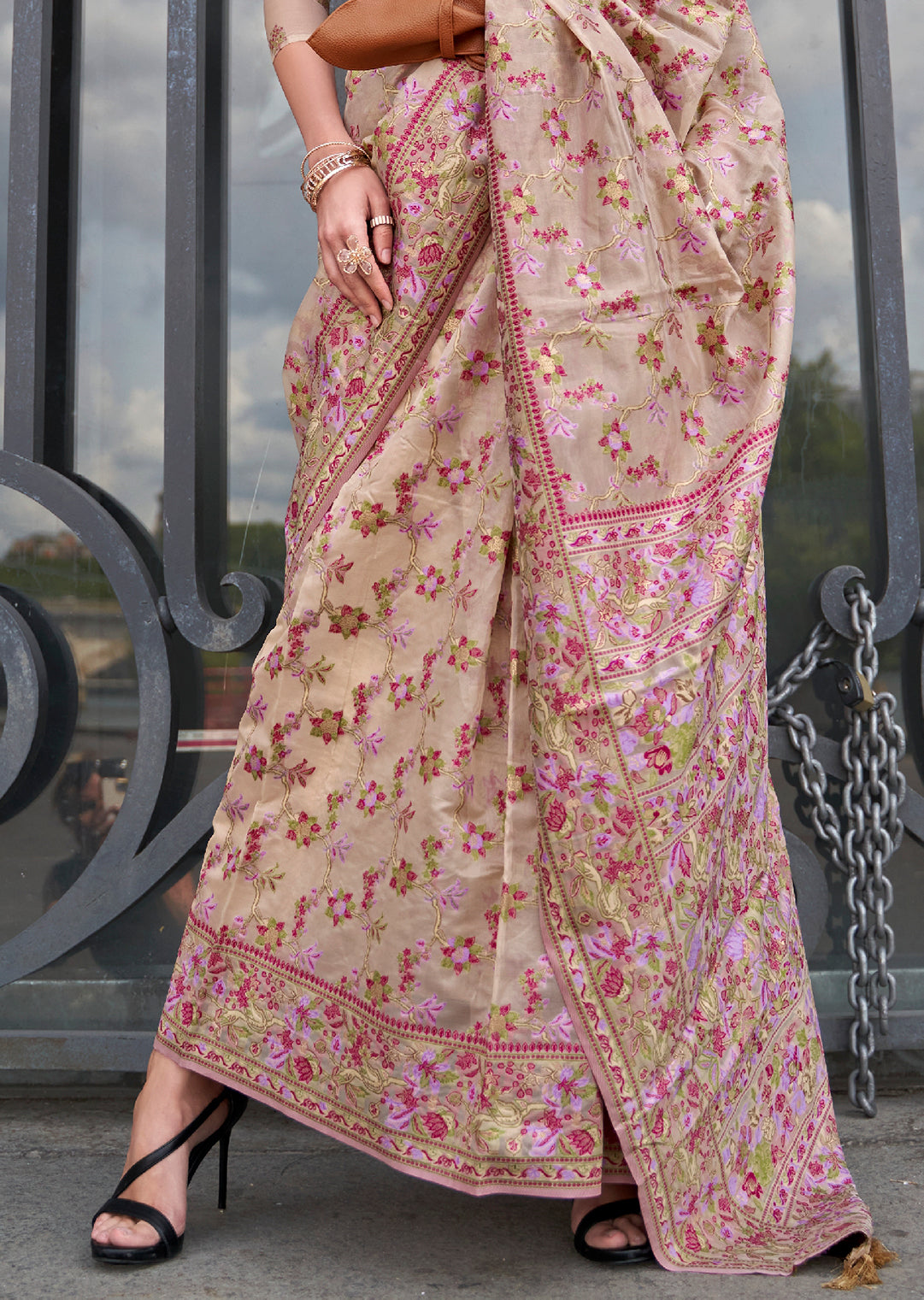 Beige Off White Woven Pure Handloom Parsi Organza Silk Saree