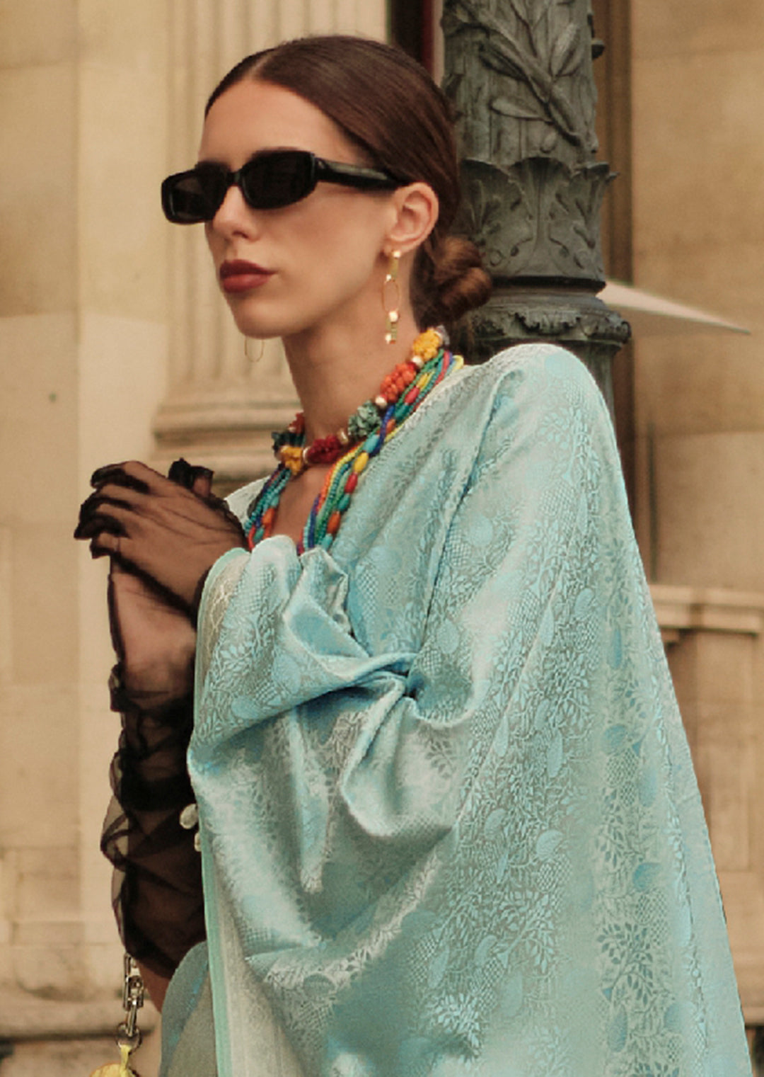 Sky Blue	Woven Handloom Pure Satin Silk Saree