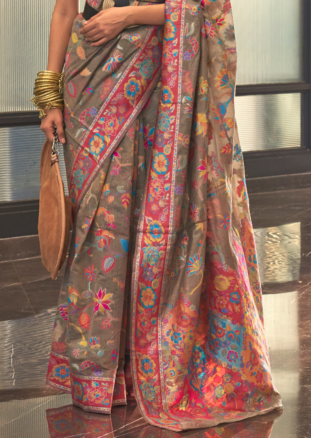 Pastel Brown Woven Pure Handloom Kashmiri Jamewar Silk Saree