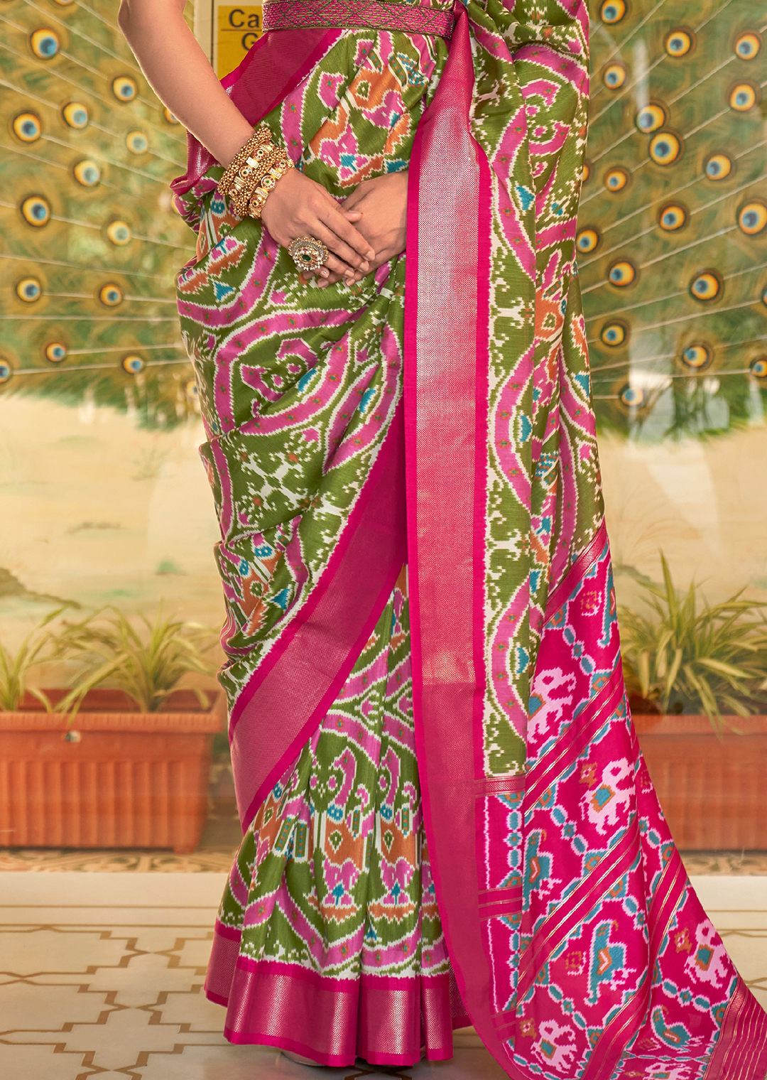 Olive Green Woven Royal Traditional Patola Silk Saree