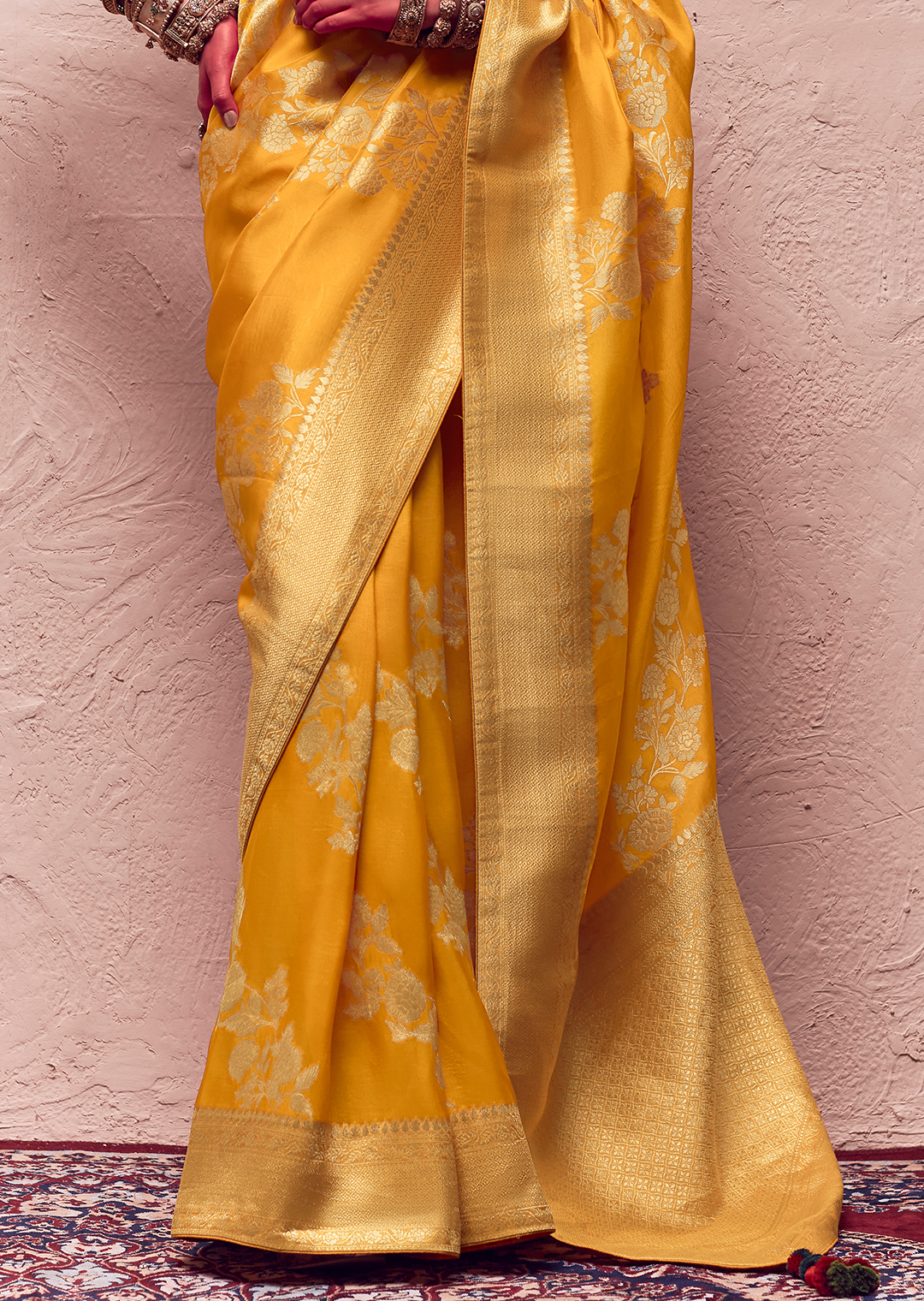 GOLDEN YELLOW PURE CREPE SILK DESIGNER KHADDI BANARASI SAREE