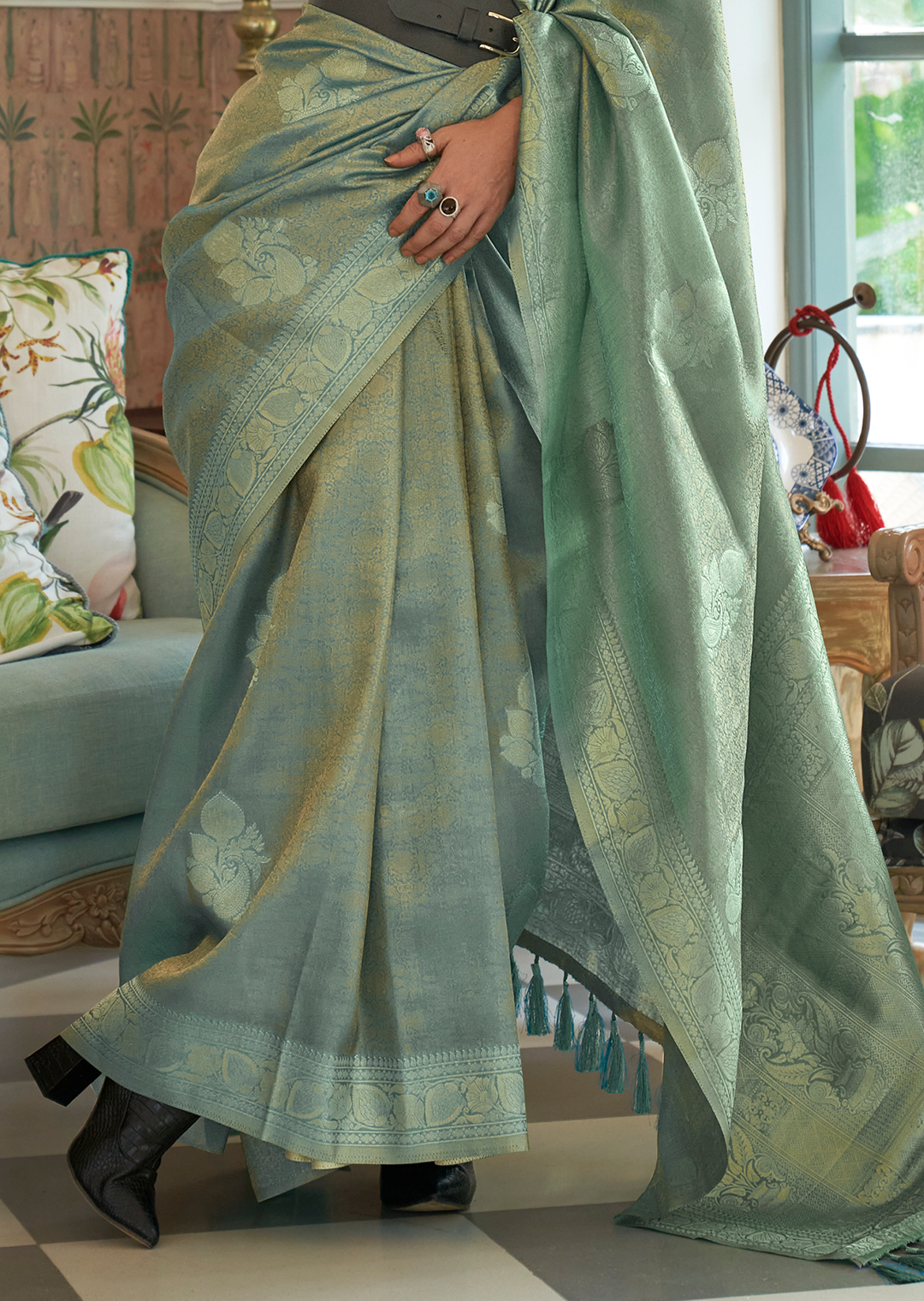 Mint Green Zari Woven Pure Handloom Satin Tissue Silk Saree