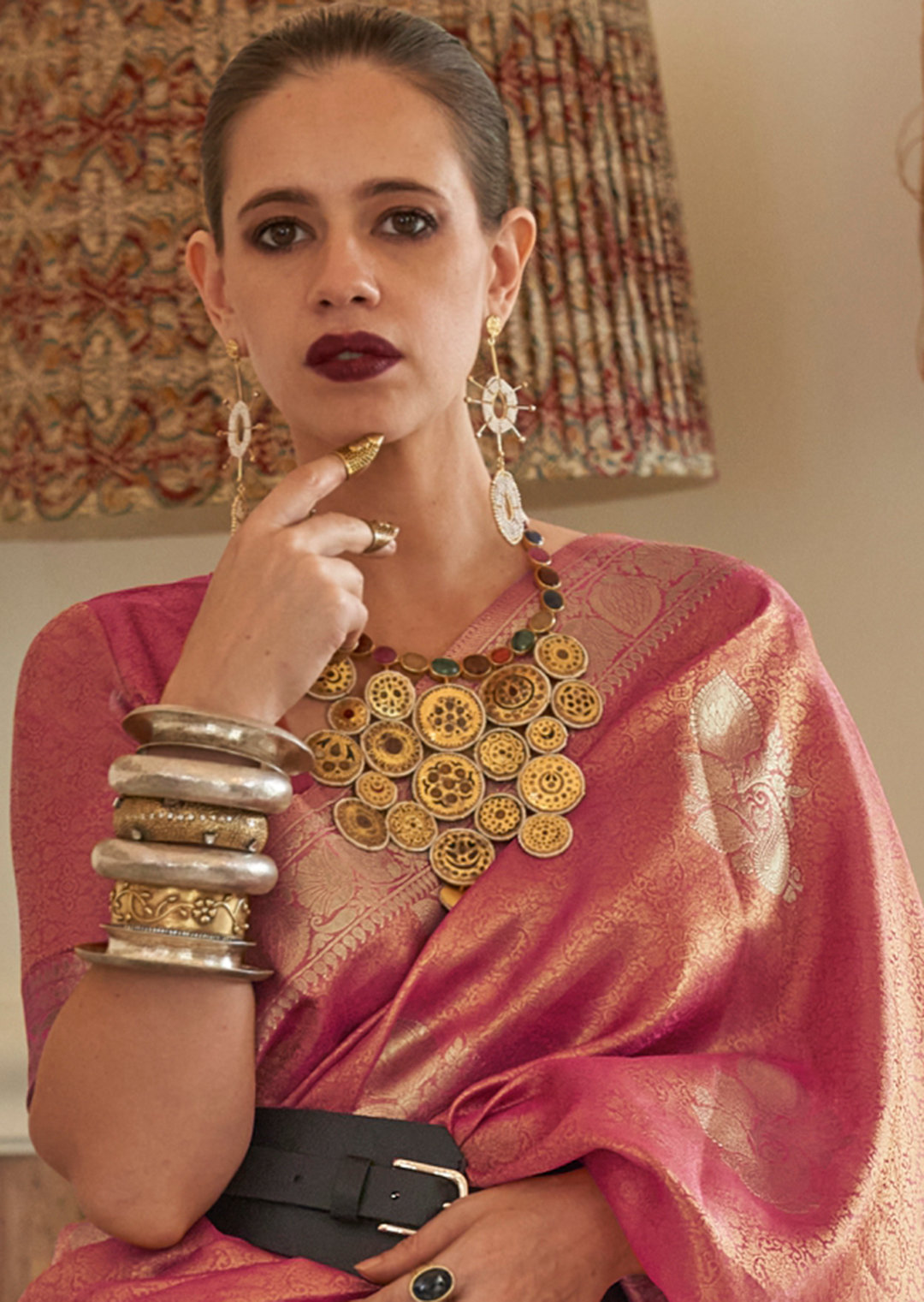 Salmon Pink Zari Woven Pure Handloom Satin Tissue Silk Saree