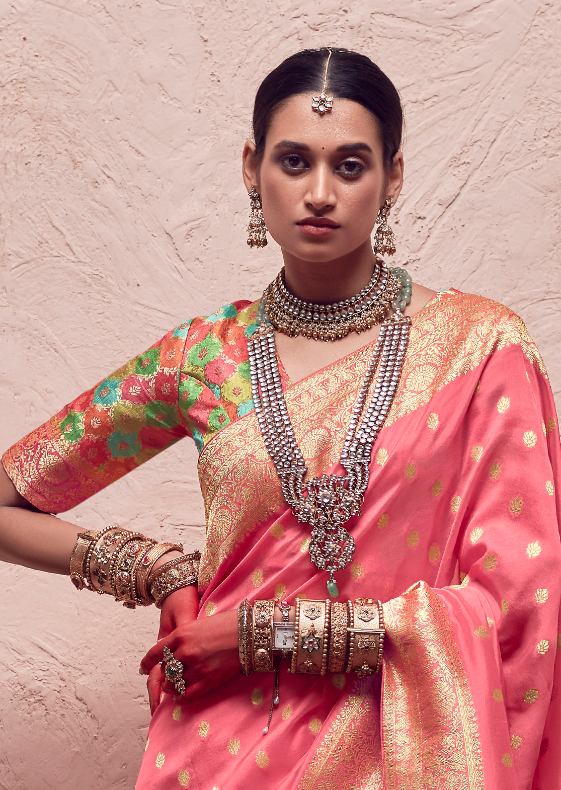 GEORGIA PEACH PURE CREPE SILK DESIGNER KHADDI BANARASI SAREE
