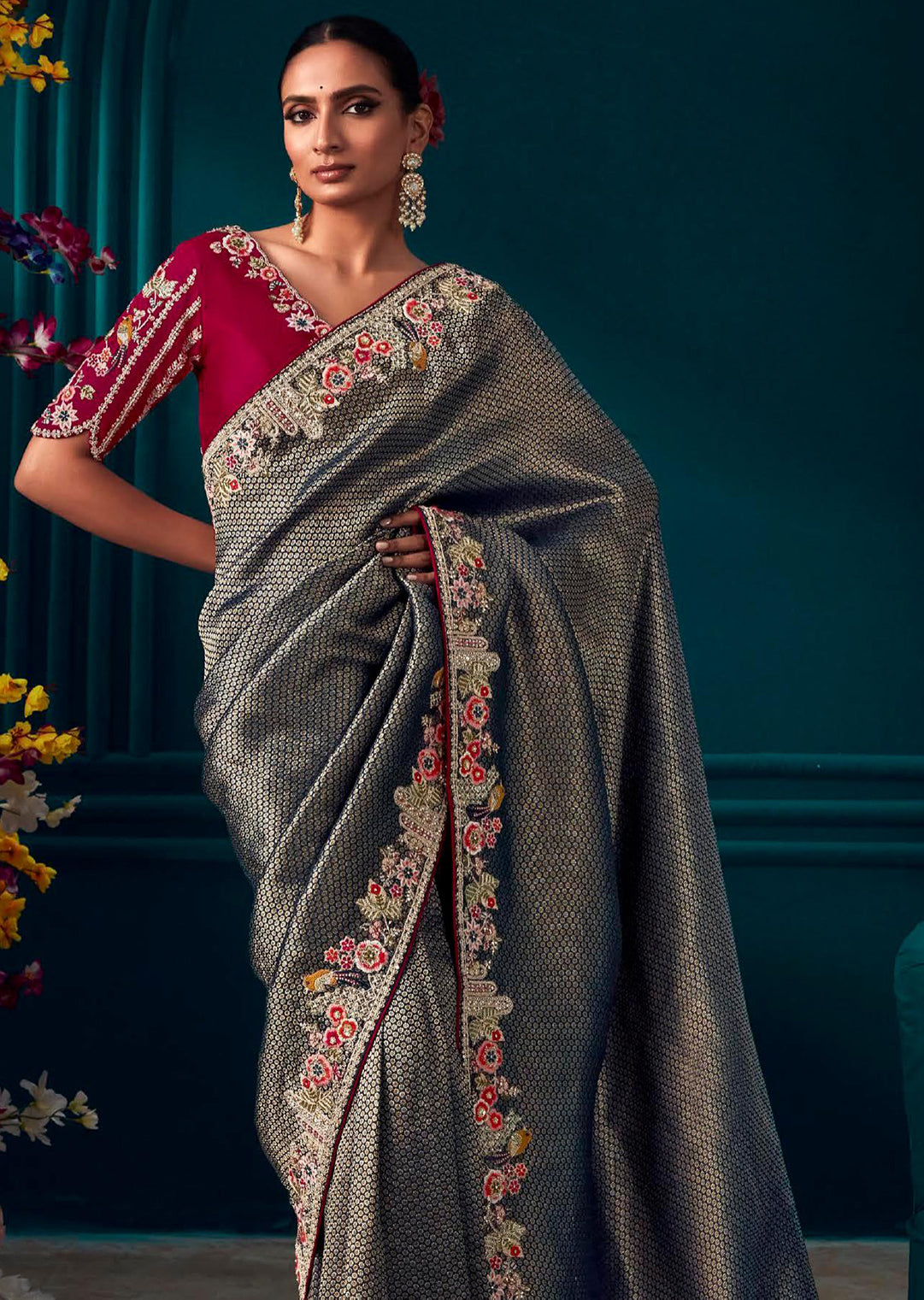 NAVY BLUE HEAVY EMBROIDERED BROCADE DESIGNER KANJIVARAM SILK SAREE