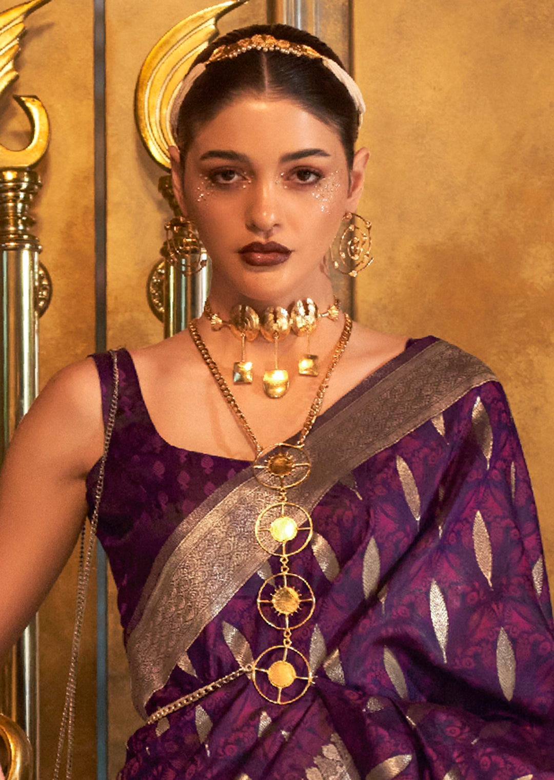 Plum Purple Zari Woven Handloom Pure Banarasi Satin Silk Saree