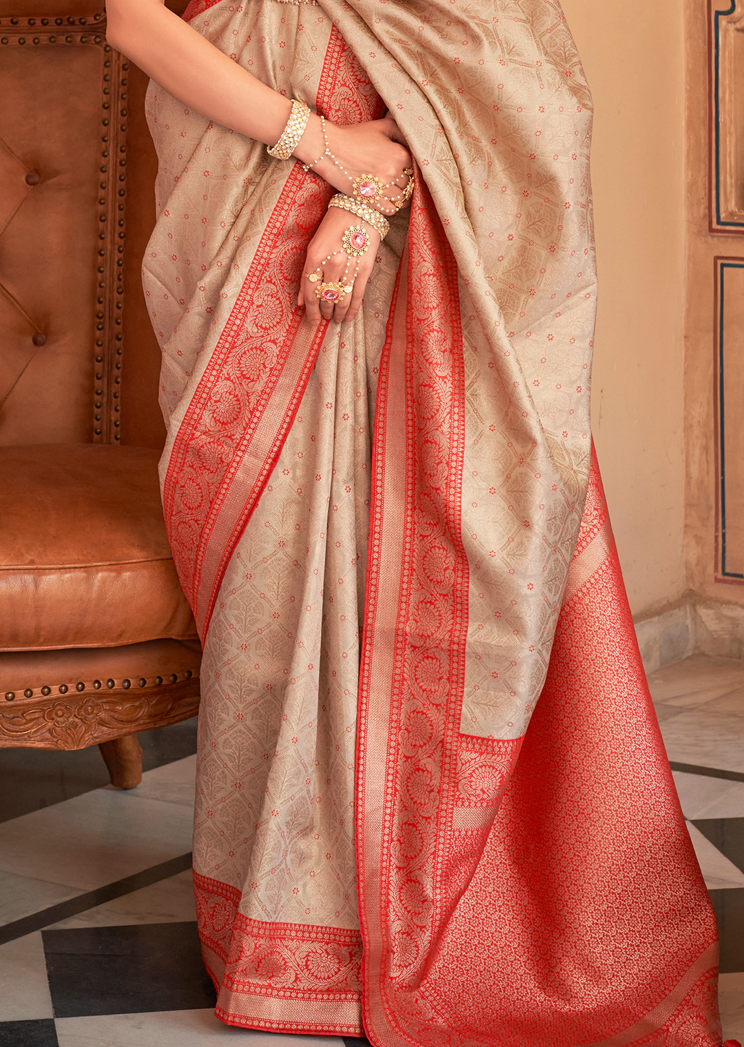 Beige Woven Royal Patola Kanjivaram Silk Saree