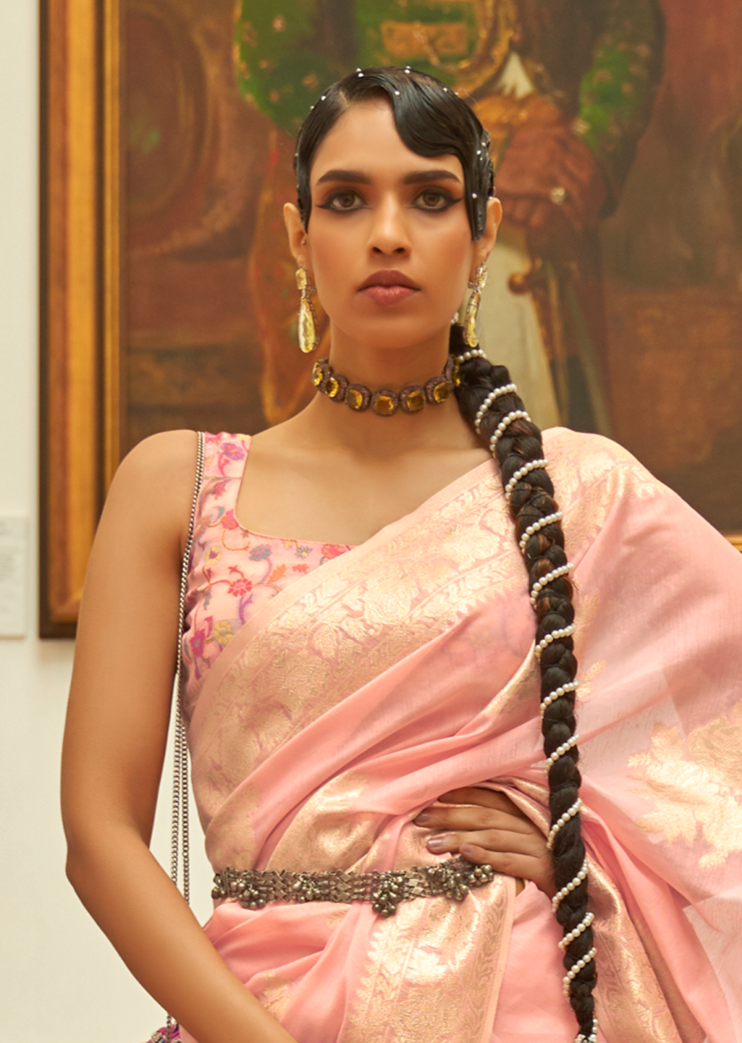 LEMONADE PINK WOVEN KASHMIRI JAMEWAR SILK SAREE