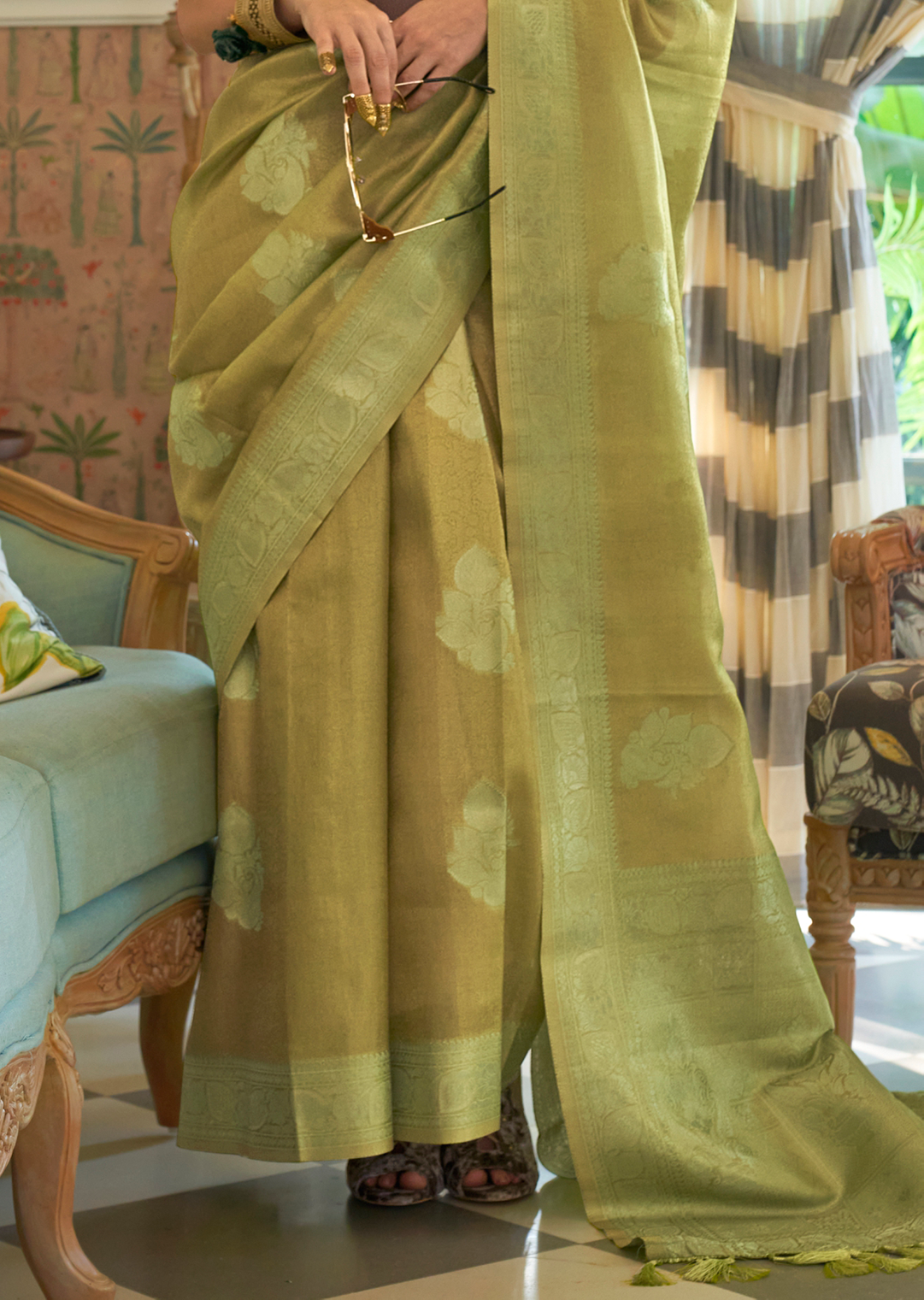 Olive Green Zari Woven Pure Handloom Satin Tissue Silk Saree