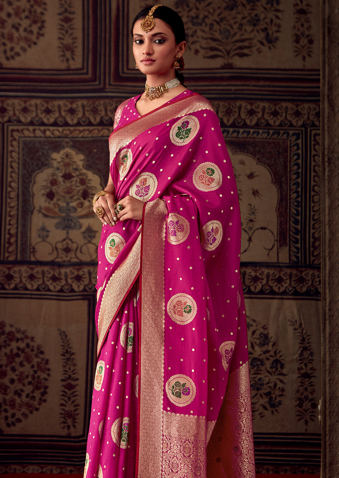 DEEP PINK MEENAKARI WOVEN DESIGNER BANARASI SILK SAREE