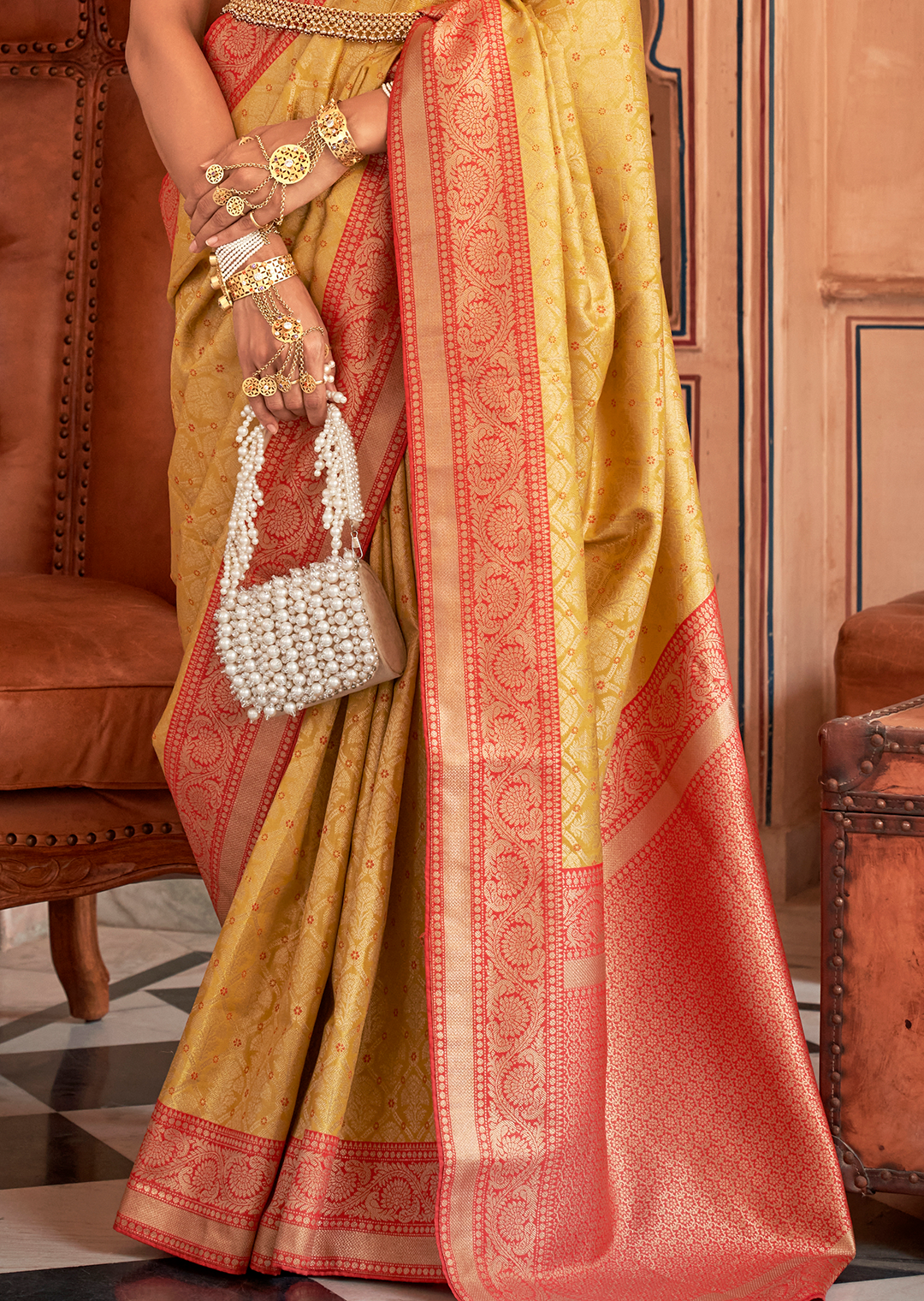 Corn Yellow Woven Royal Patola Kanjivaram Silk Saree