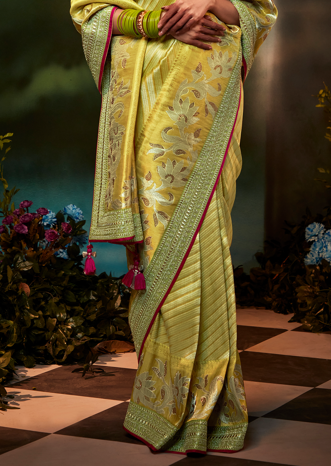 LIME GREEN HEAVY EMBROIDERED DESIGNER KANJIVARAM SILK SAREE