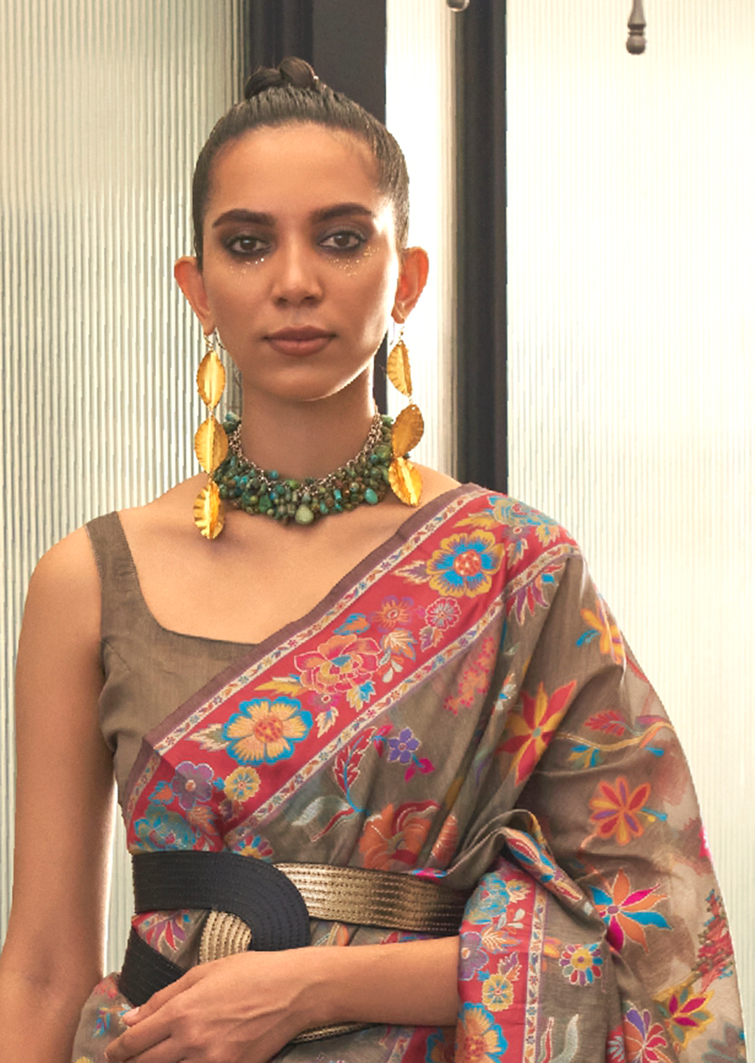 Pastel Brown Woven Pure Handloom Kashmiri Jamewar Silk Saree