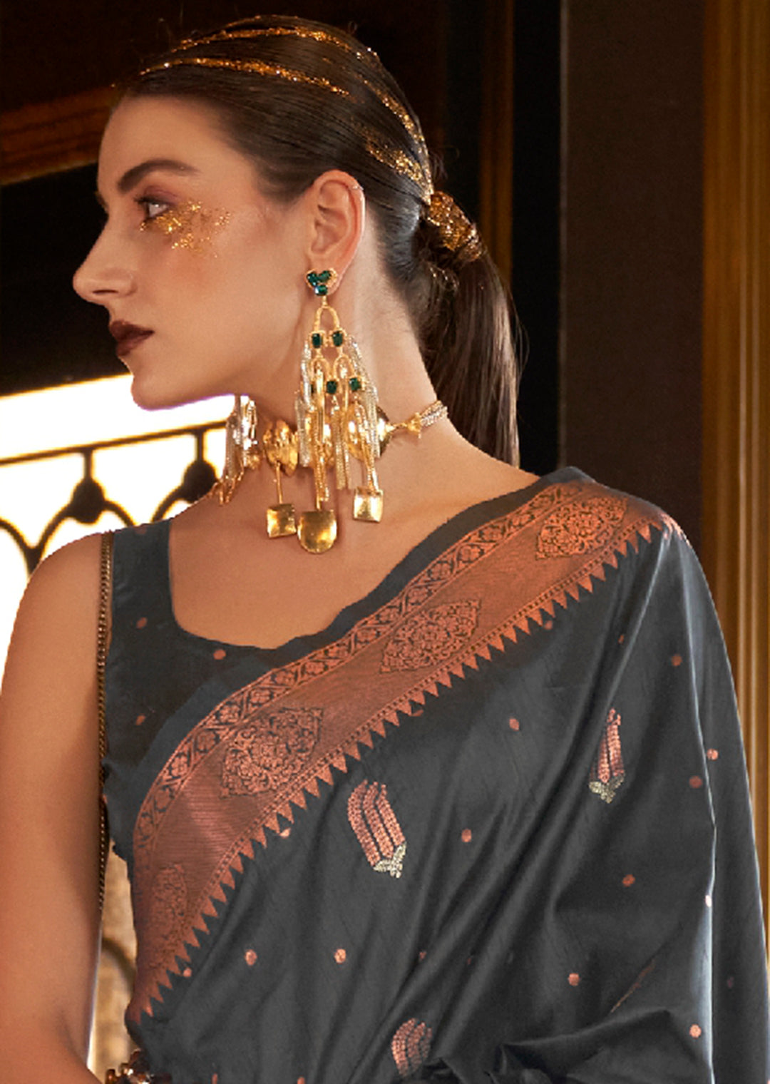Black Copper Zari Woven Pure Handloom Banarasi Silk Saree