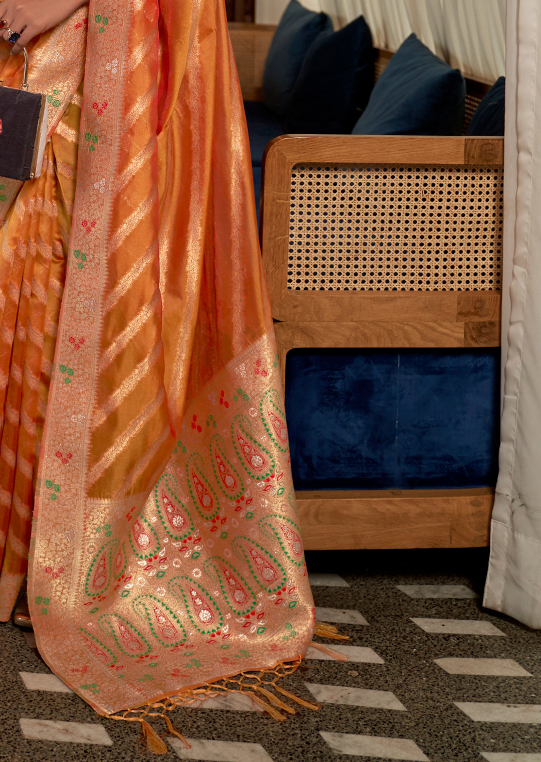 Orange Two Tone Meenakari Woven Pure Organza Silk Saree