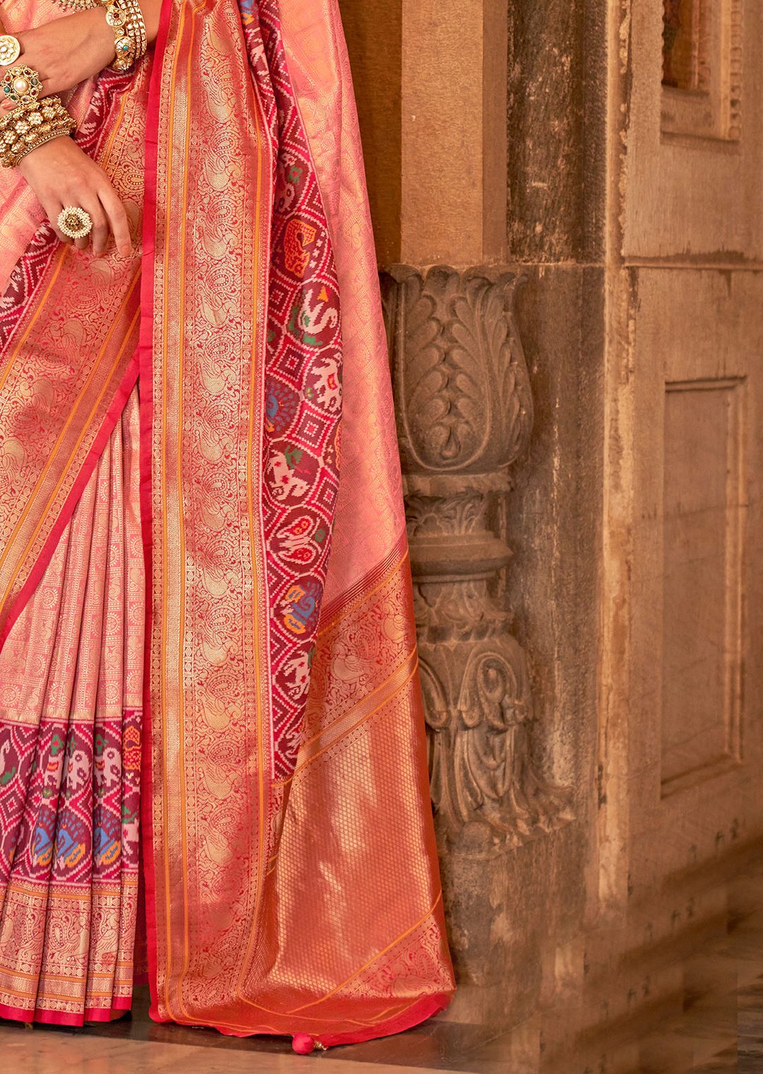 Crepe Pink & Red Woven Royal Patola Kanjivaram Silk Saree