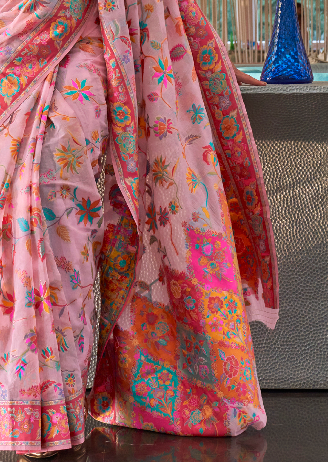 Carnation Pink Woven Pure Handloom Kashmiri Jamewar Silk Saree