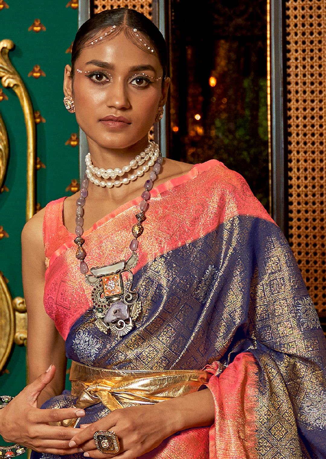 COPPER BLUE ZARI WOVEN HANDLOOM KANJIVARAM SILK SAREE