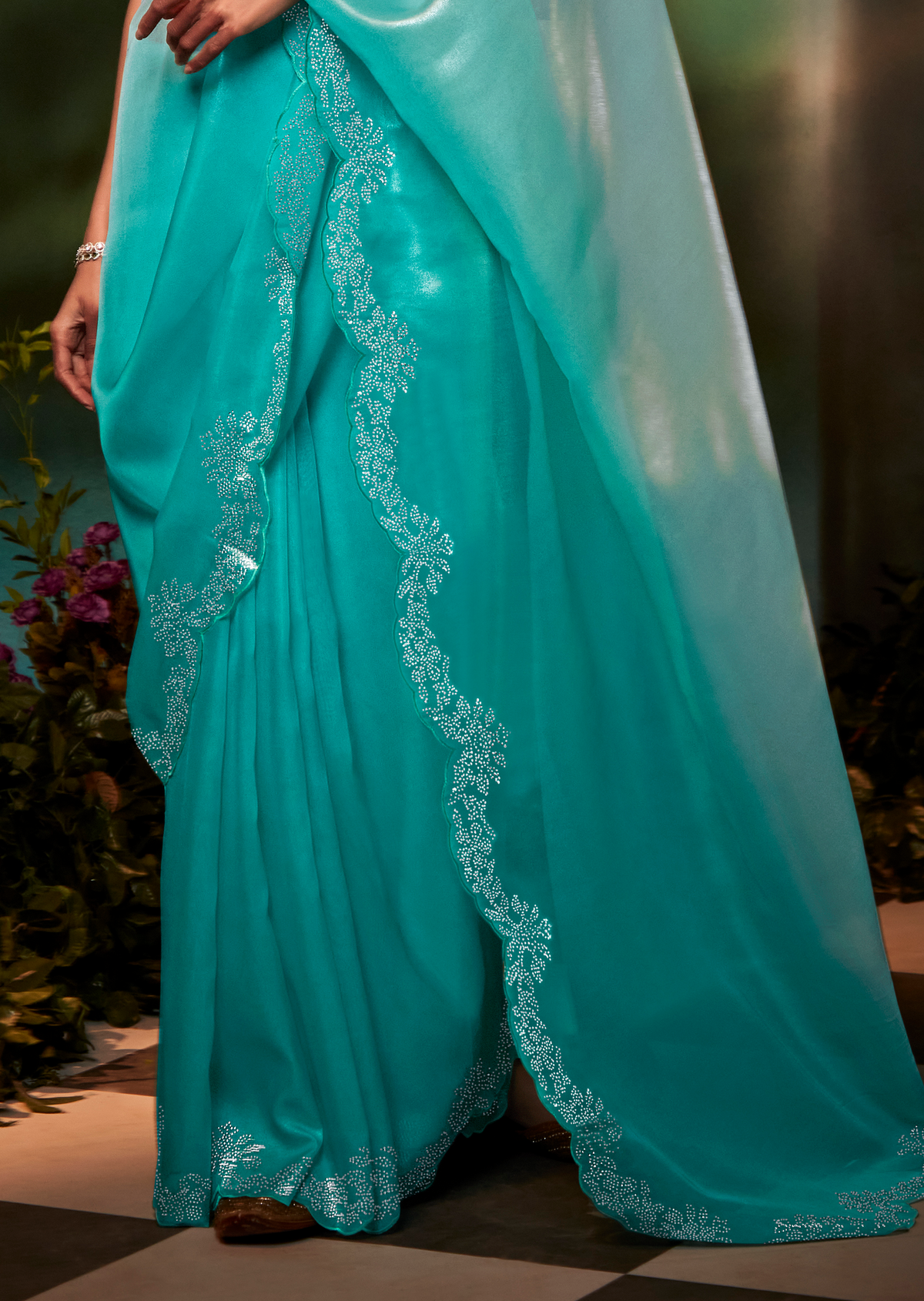 TURQUOISE BLUE PURE TISSUE SILK SWAROVSKI DESIGNER SAREE