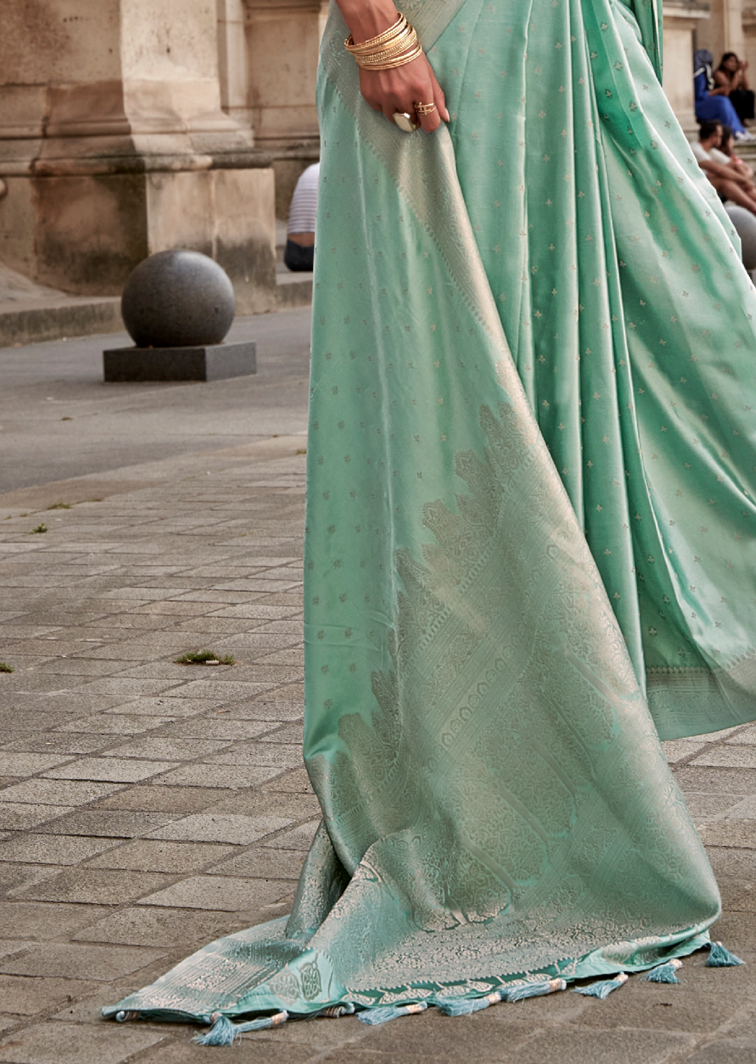 Mint Green Zari Woven Handloom Pure Banarasi Satin Silk Saree