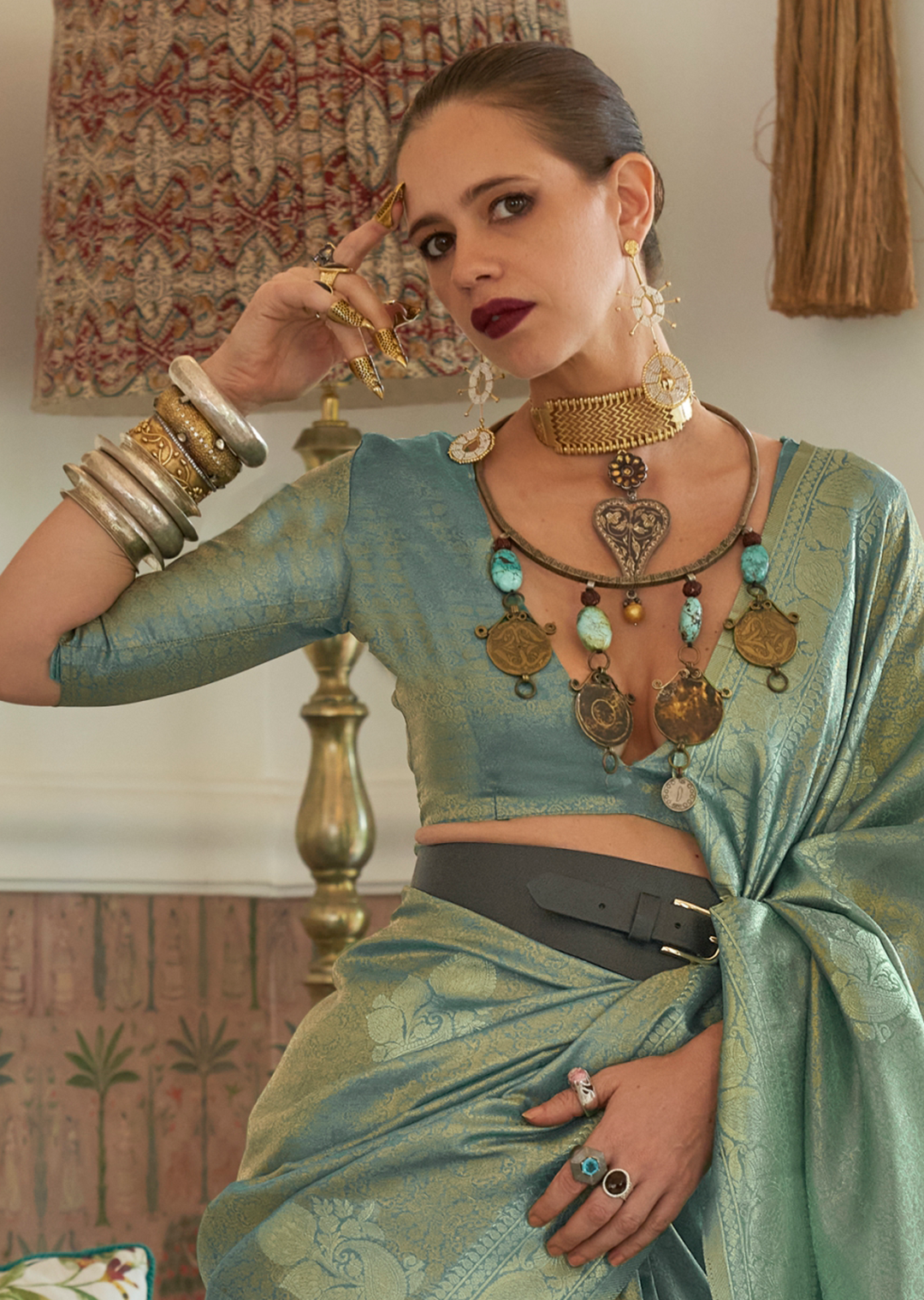 Mint Green Zari Woven Pure Handloom Satin Tissue Silk Saree