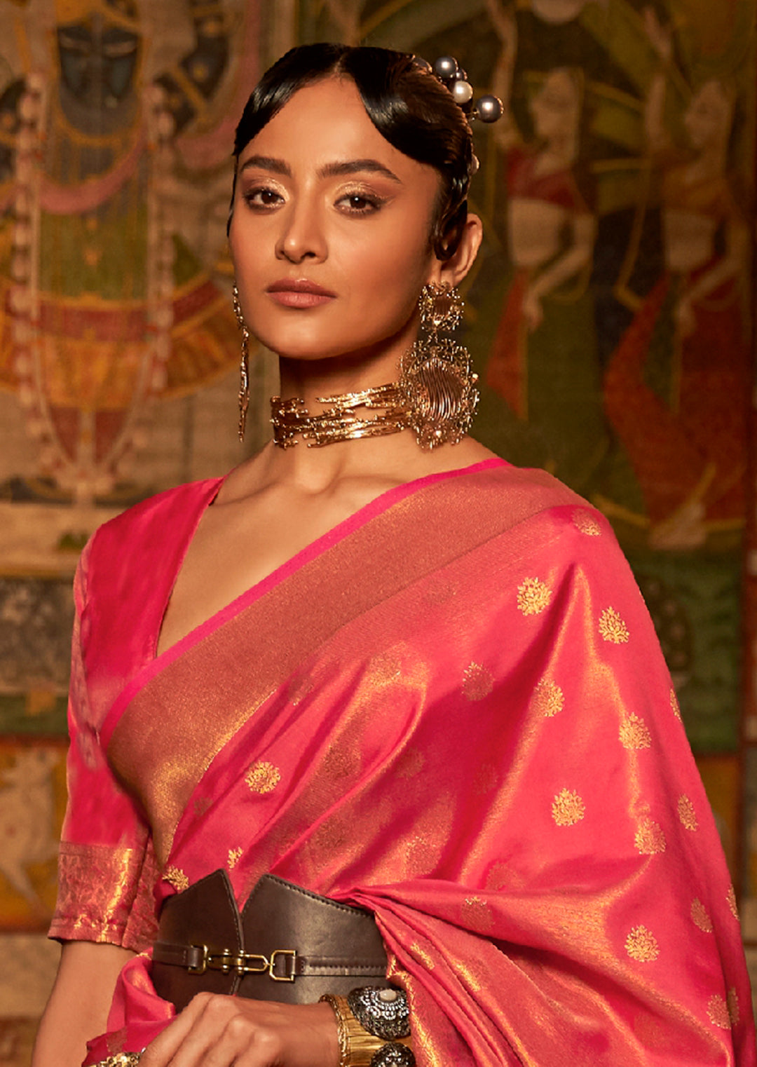 Golden Ruby Red	Zari Woven Pure Handloom Kanjivaram Silk Saree