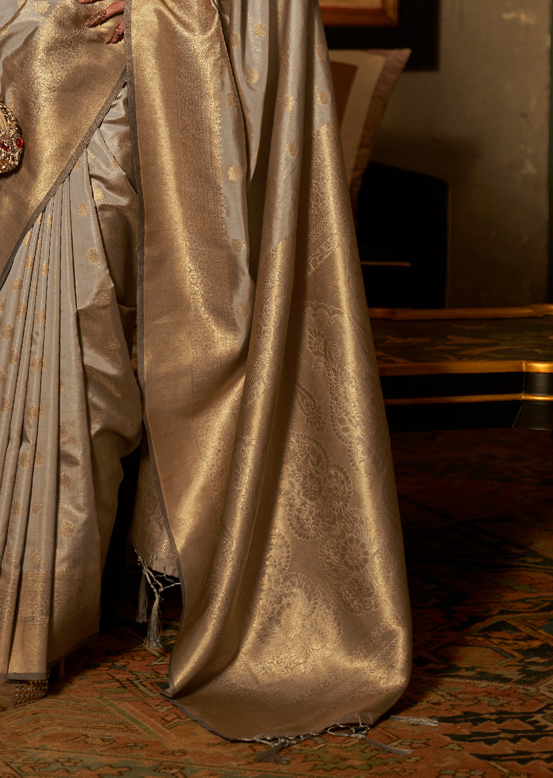 Golden Grey Zari Woven Pure Handloom Kanjivaram Silk Saree