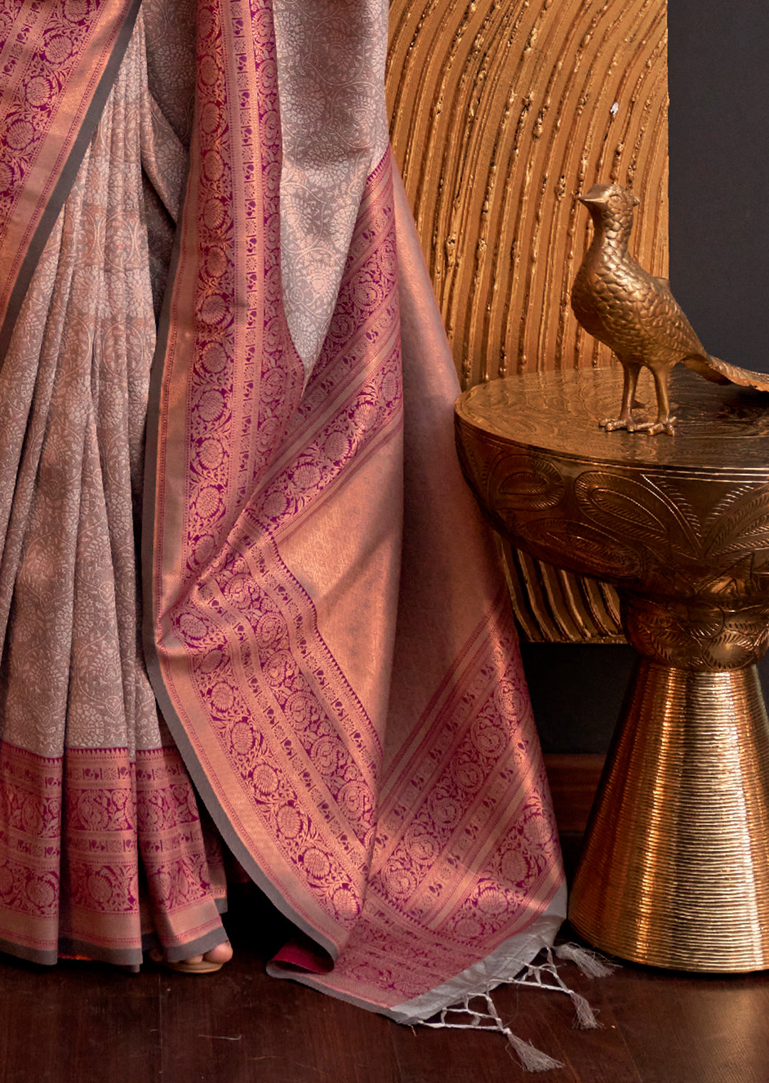 Golden Grey Zari Woven Pure Handloom Kanjivaram Silk Saree