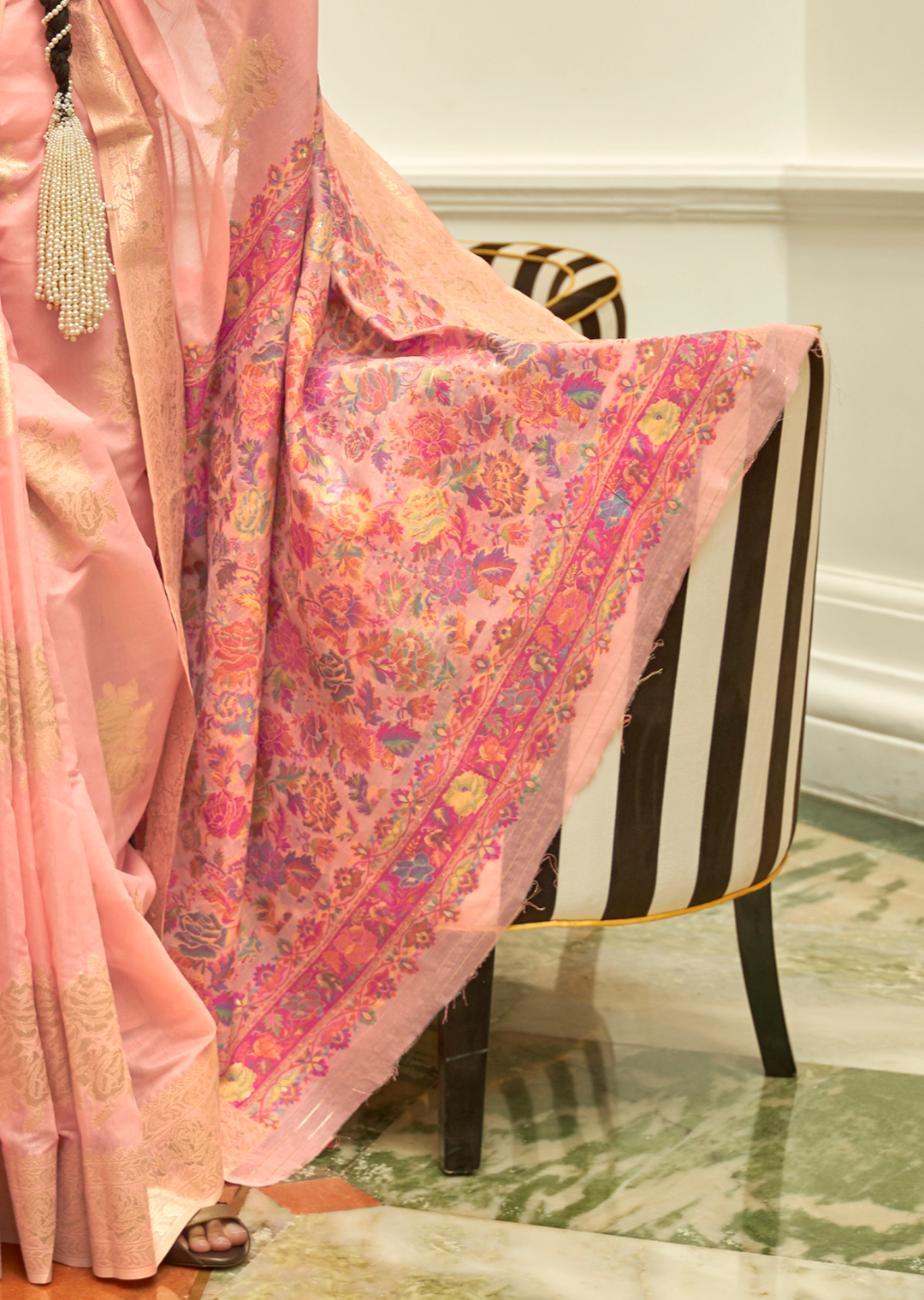 LEMONADE PINK WOVEN KASHMIRI JAMEWAR SILK SAREE