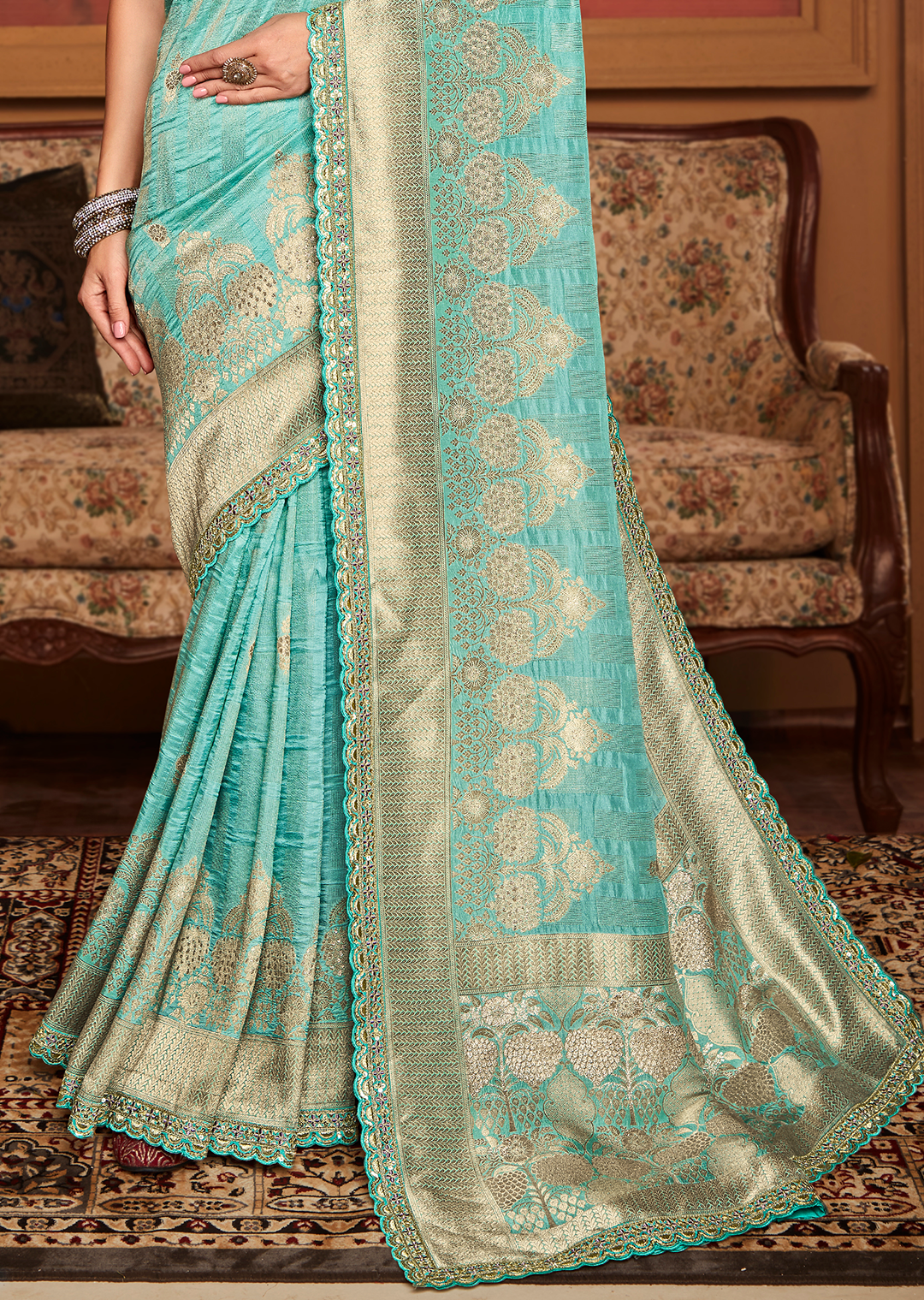 AQUA BLUE	PURE CREPE SILK DESIGNER BANARASI SAREE